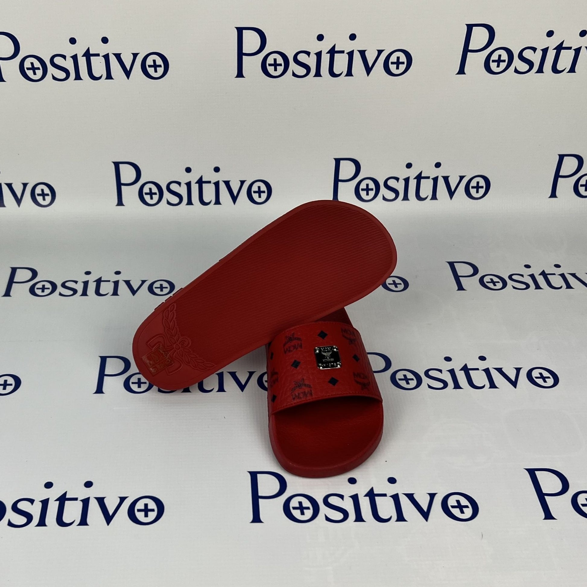 MCM Womens Candy Red Visetos Rubber Slides | Positivo Clothing