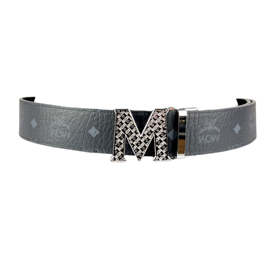 MCM Mens Claus Silver Textured M Buckle Black Leather Reversible Belt | Positivo Clothing