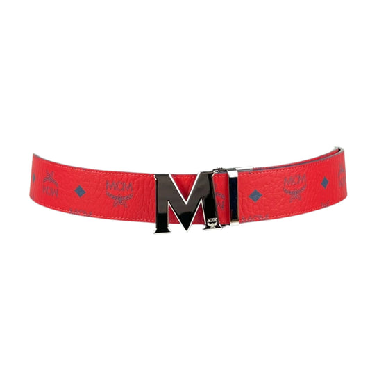 MCM Claus Silver M Buckle Candy Red Leather Reversible Belt | Positivo Clothing