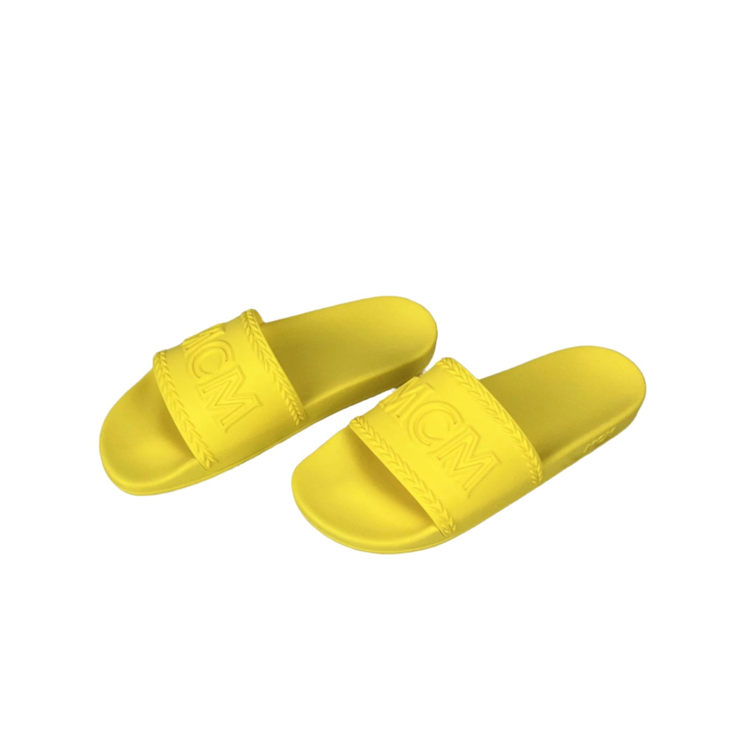 MCM Mens Yellow Big Logo Rubber Slides | Positivo Clothing