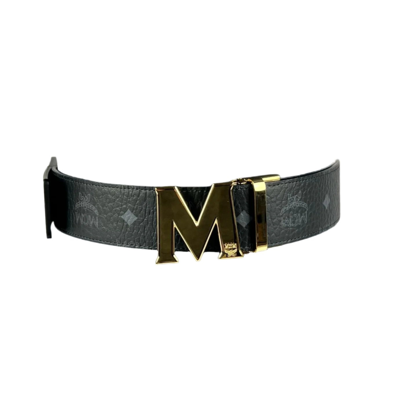 MCM Mens Claus Gold M Buckle Black Leather Reversible Belt | Positivo Clothing