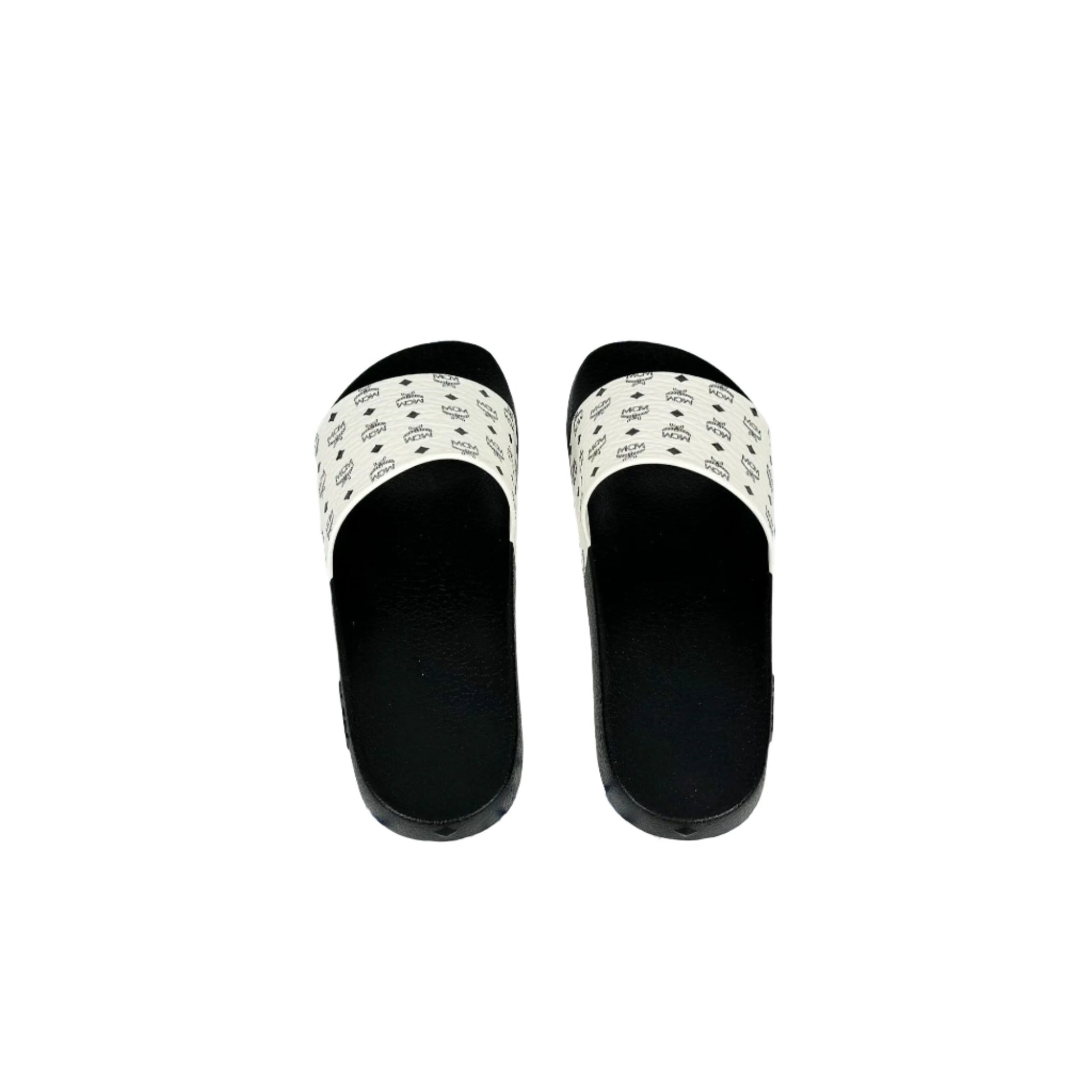 MCM Mens White/Black Monogram Print Rubber Slides | Positivo Clothing