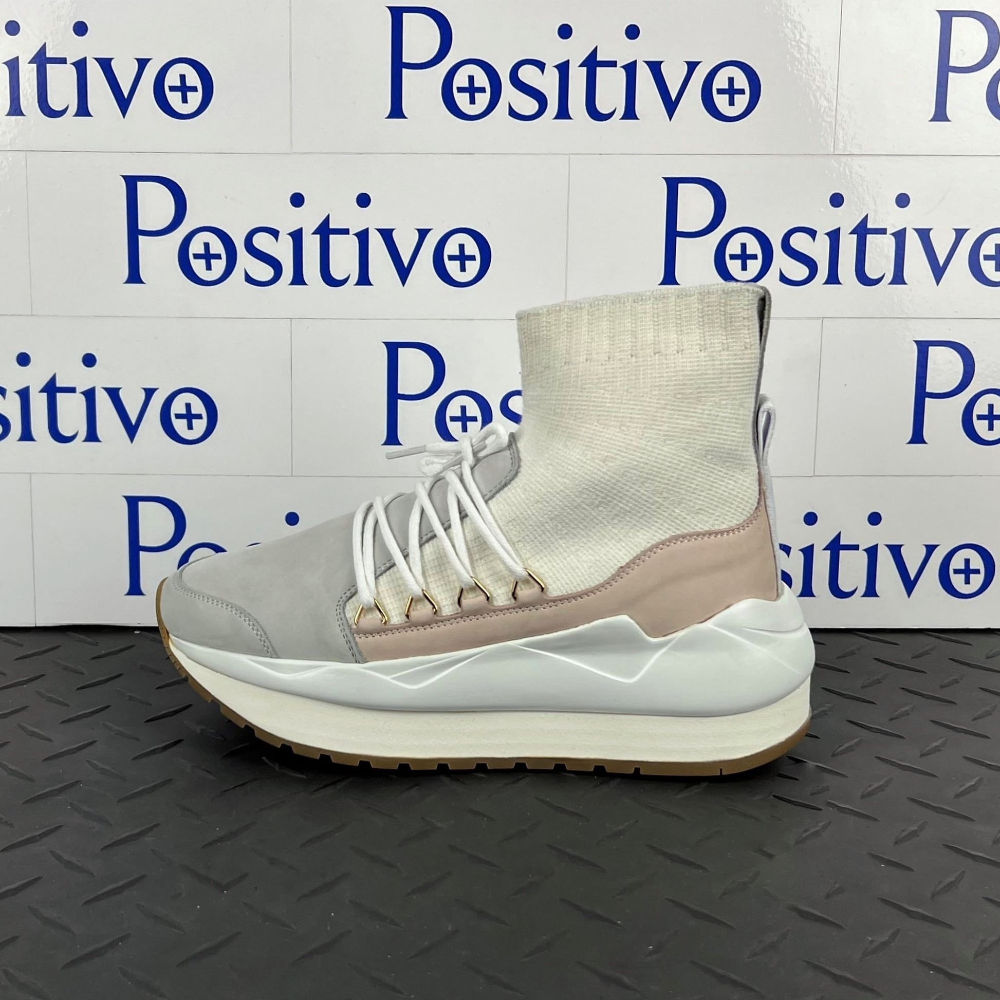 Buscemi  Run1 Sock Wedge Grey/White Leather Sneakers | Positivo Clothing