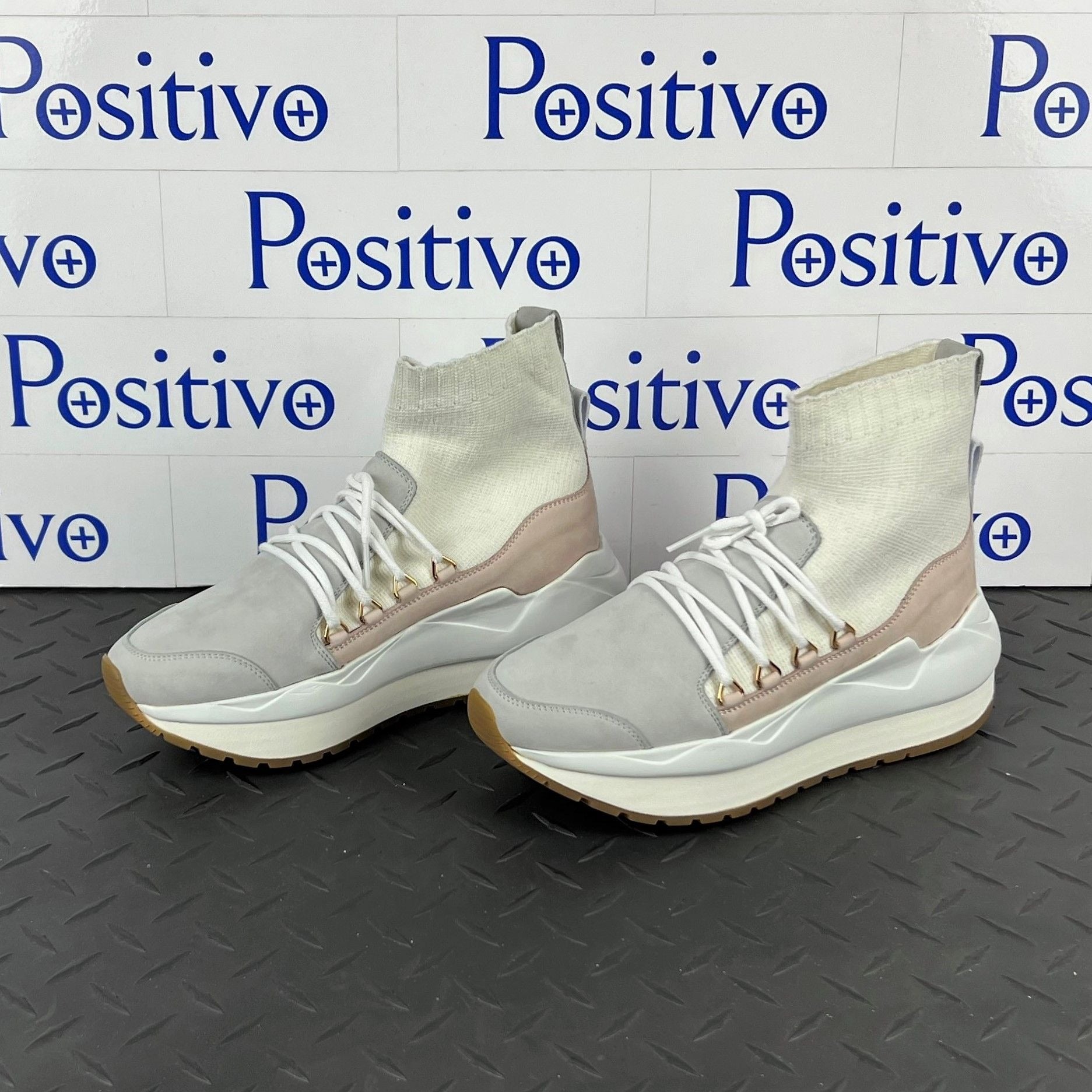 Buscemi  Run1 Sock Wedge Grey/White Leather Sneakers | Positivo Clothing