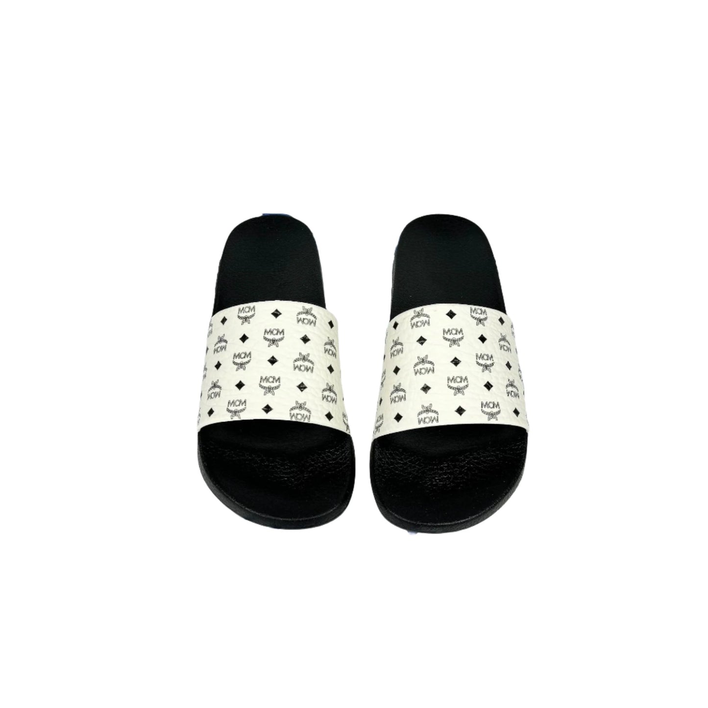 MCM Mens White/Black Monogram Print Rubber Slides | Positivo Clothing