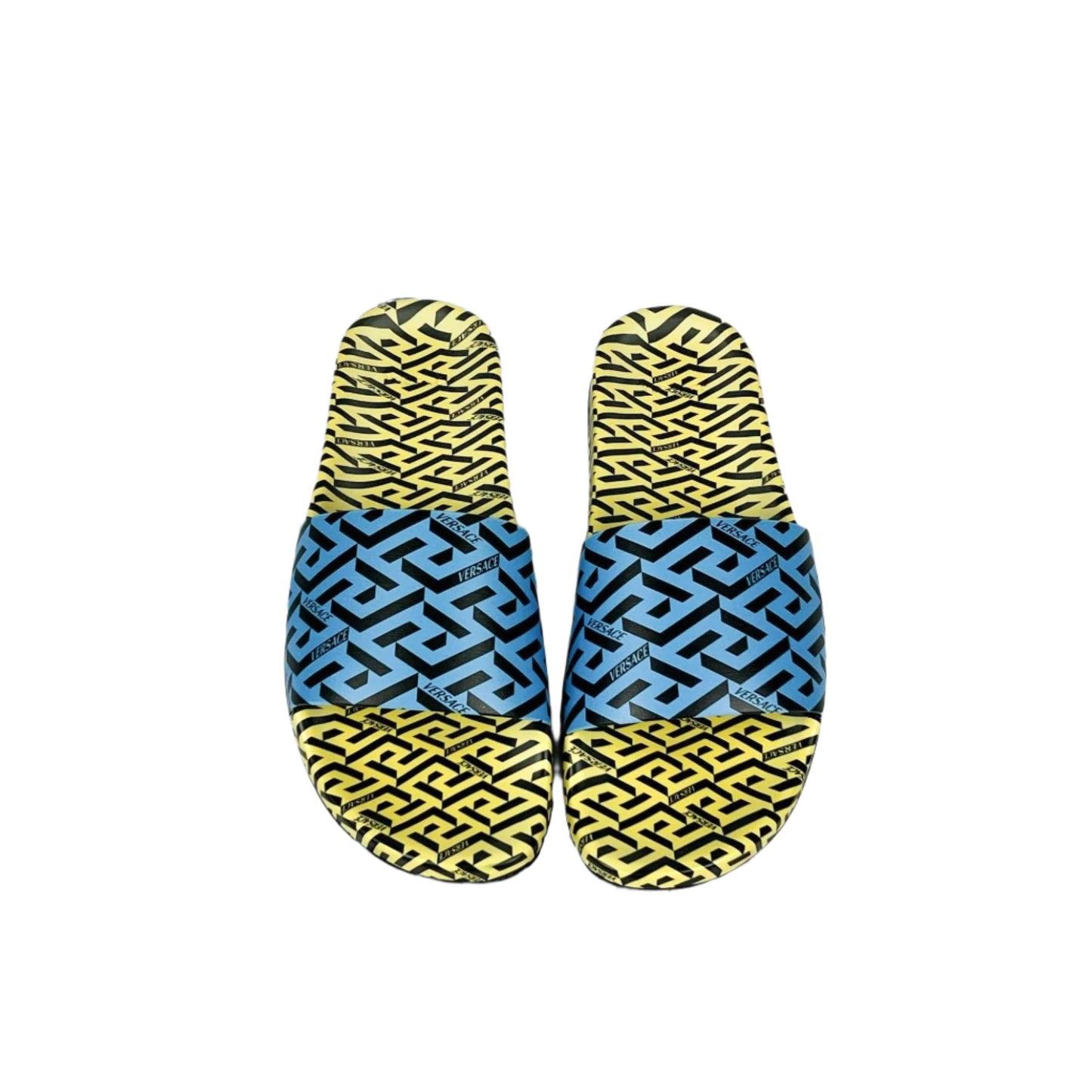 Versace Mens Blue/Yellow La Greca Rubber Slides | Positivo Clothing