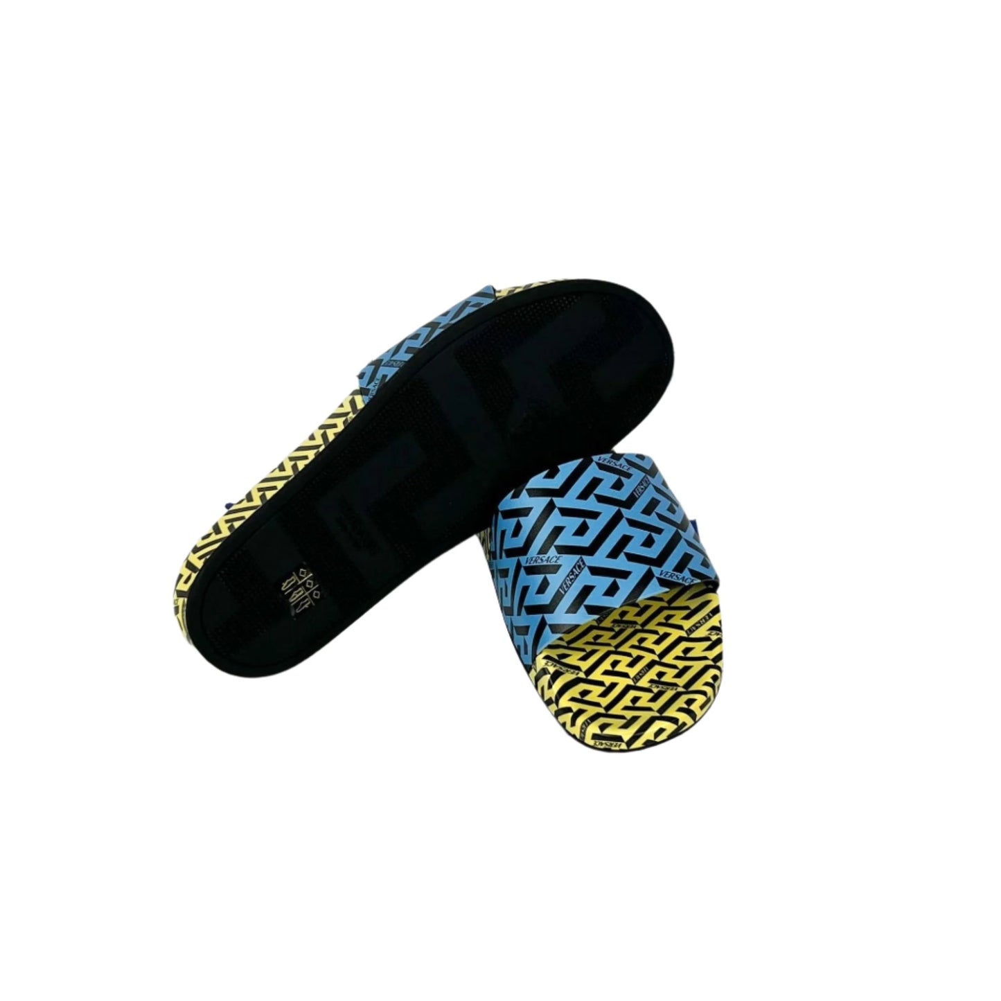 Versace Mens Blue/Yellow La Greca Rubber Slides | Positivo Clothing