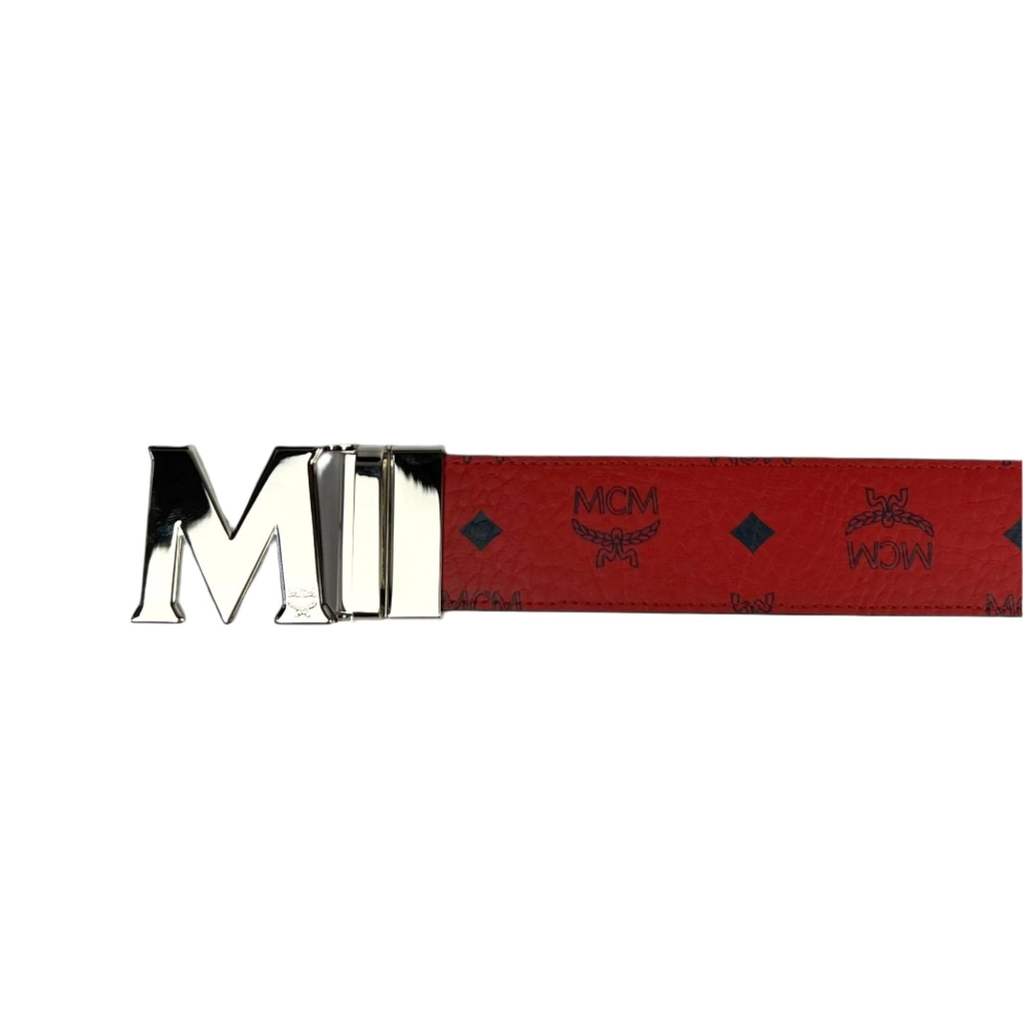 MCM Claus Silver M Buckle Candy Red Leather Reversible Belt | Positivo Clothing