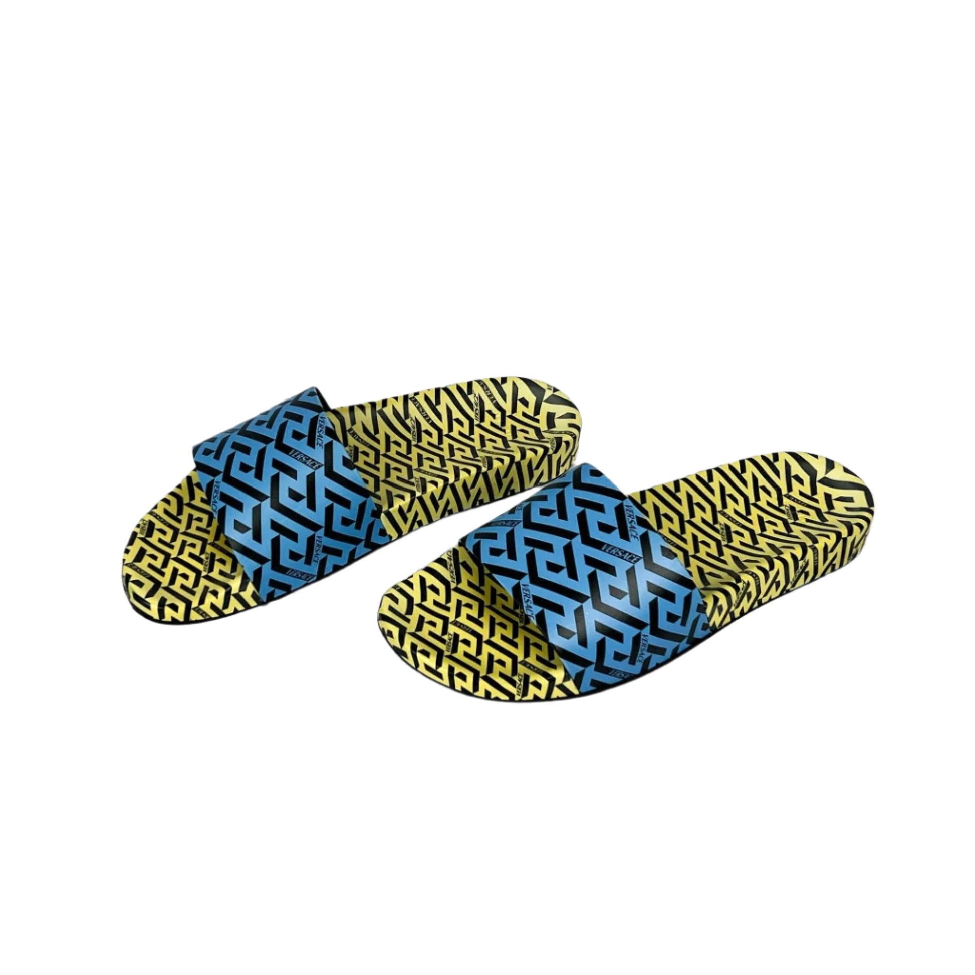 Versace Mens Blue/Yellow La Greca Rubber Slides | Positivo Clothing