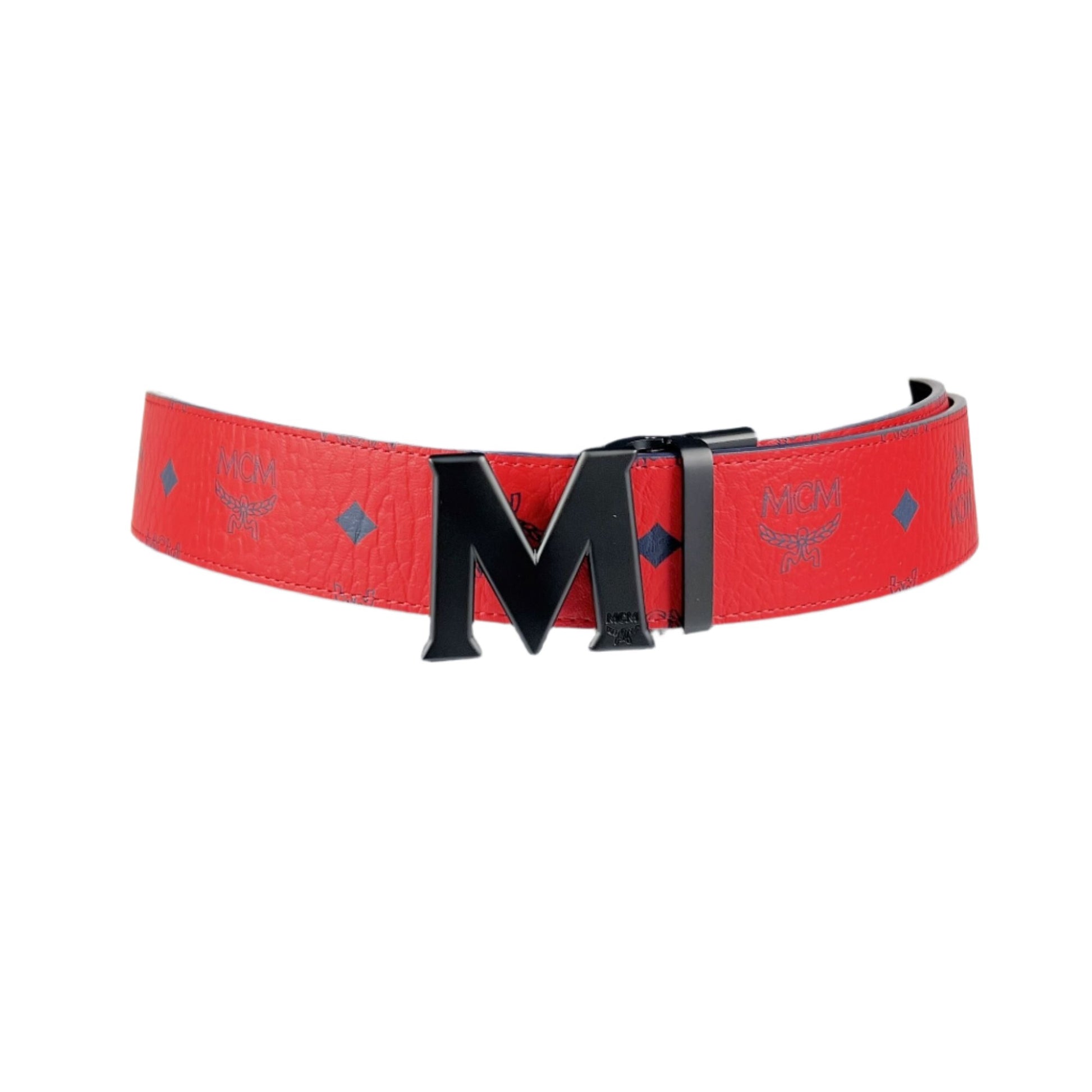 MCM Mens Claus Black M Buckle Candy Red Leather Reversible Belt | Positivo Clothing