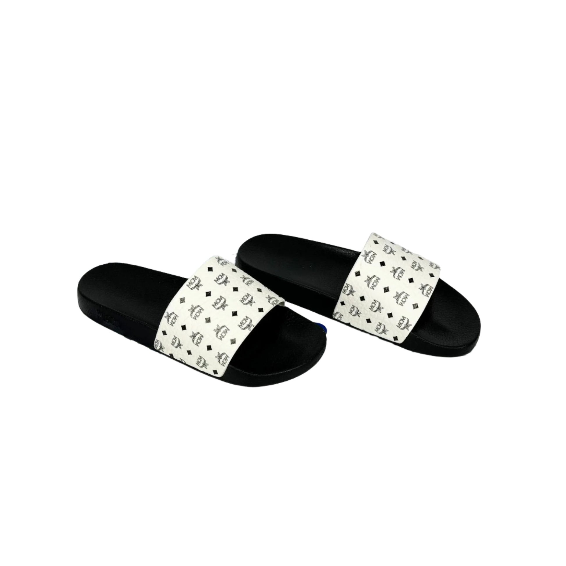 MCM Mens White/Black Monogram Print Rubber Slides | Positivo Clothing