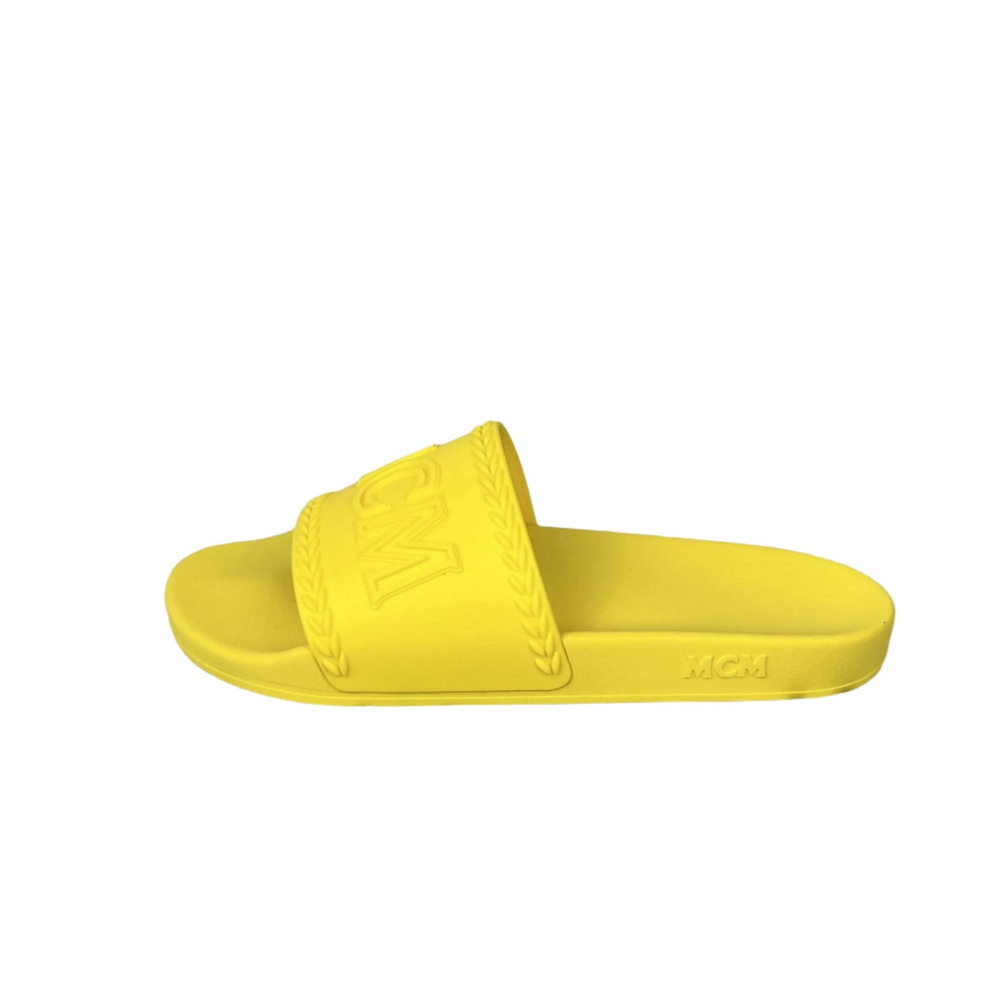 MCM Mens Yellow Big Logo Rubber Slides | Positivo Clothing