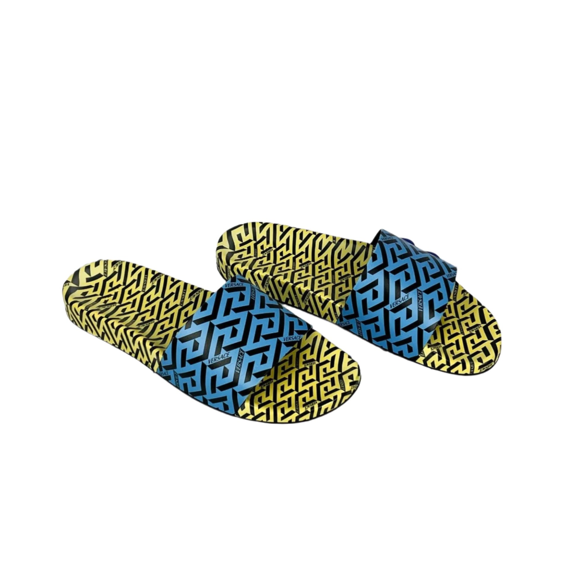 Versace Mens Blue/Yellow La Greca Rubber Slides | Positivo Clothing