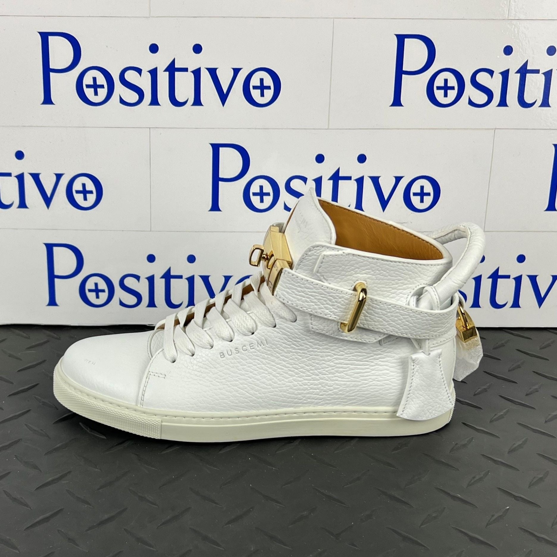 Buscemi Womens 100MM Flat White Leather Sneakers | Positivo Clothing