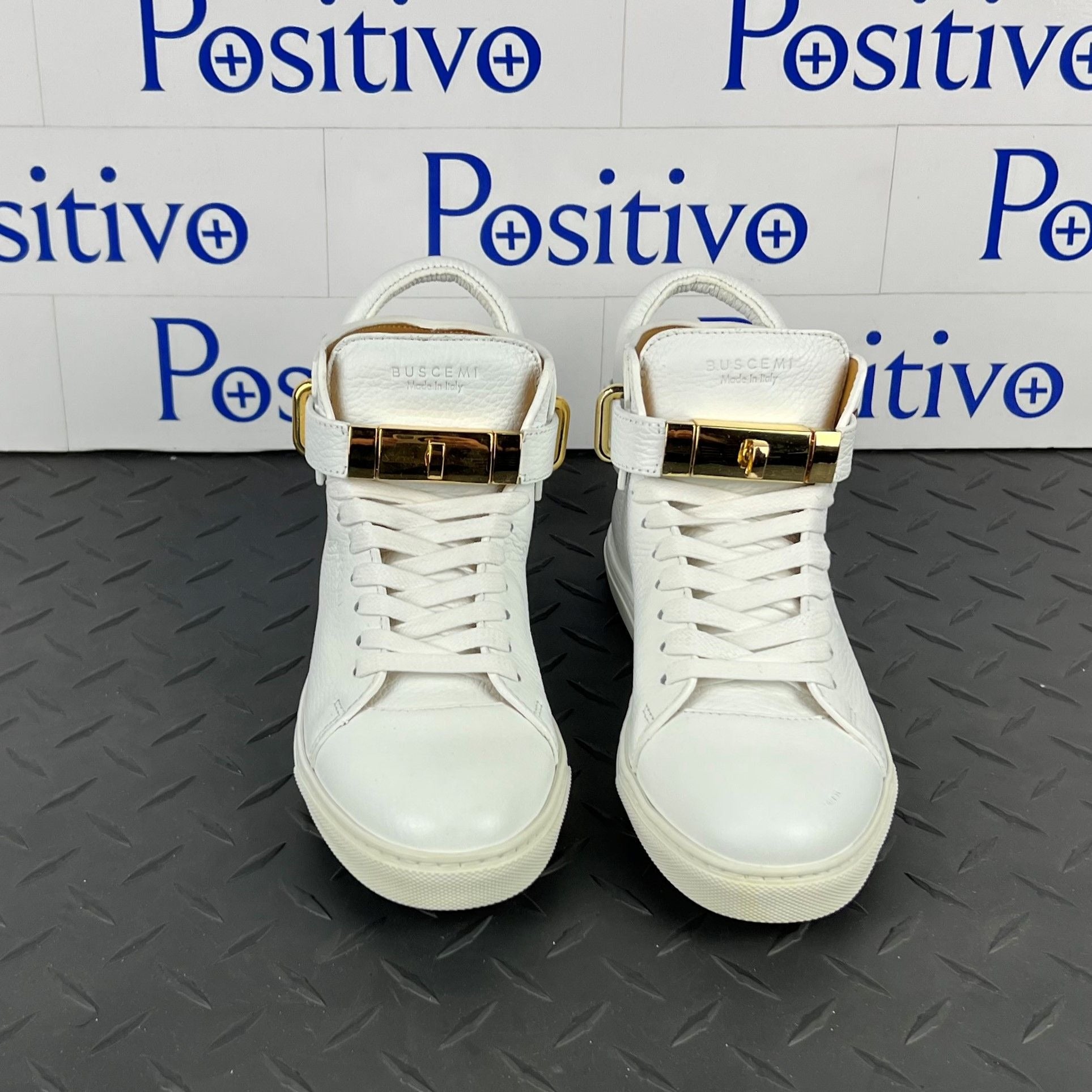 Buscemi Womens 100MM Flat White Leather Sneakers | Positivo Clothing