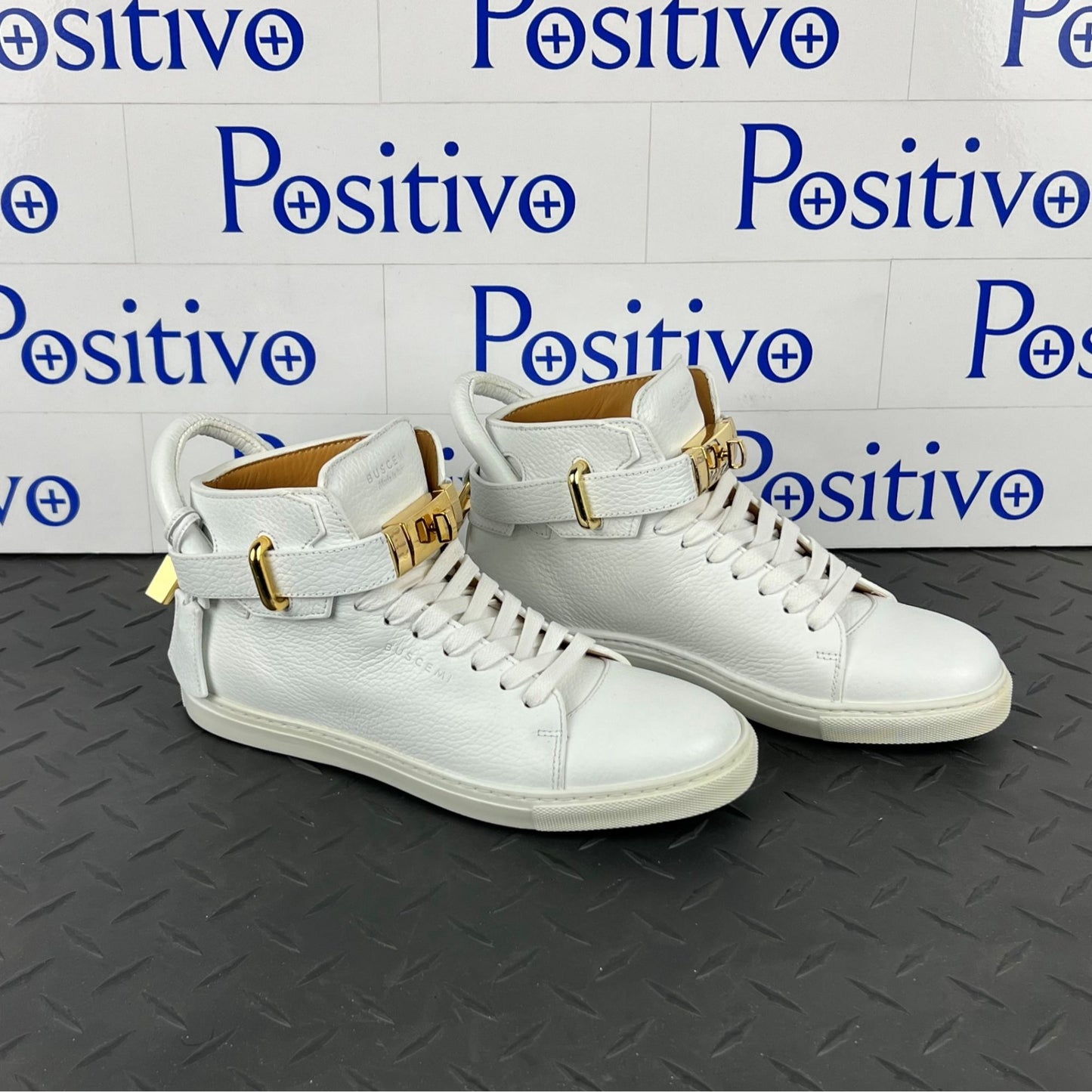 Buscemi Womens 100MM Flat White Leather Sneakers | Positivo Clothing