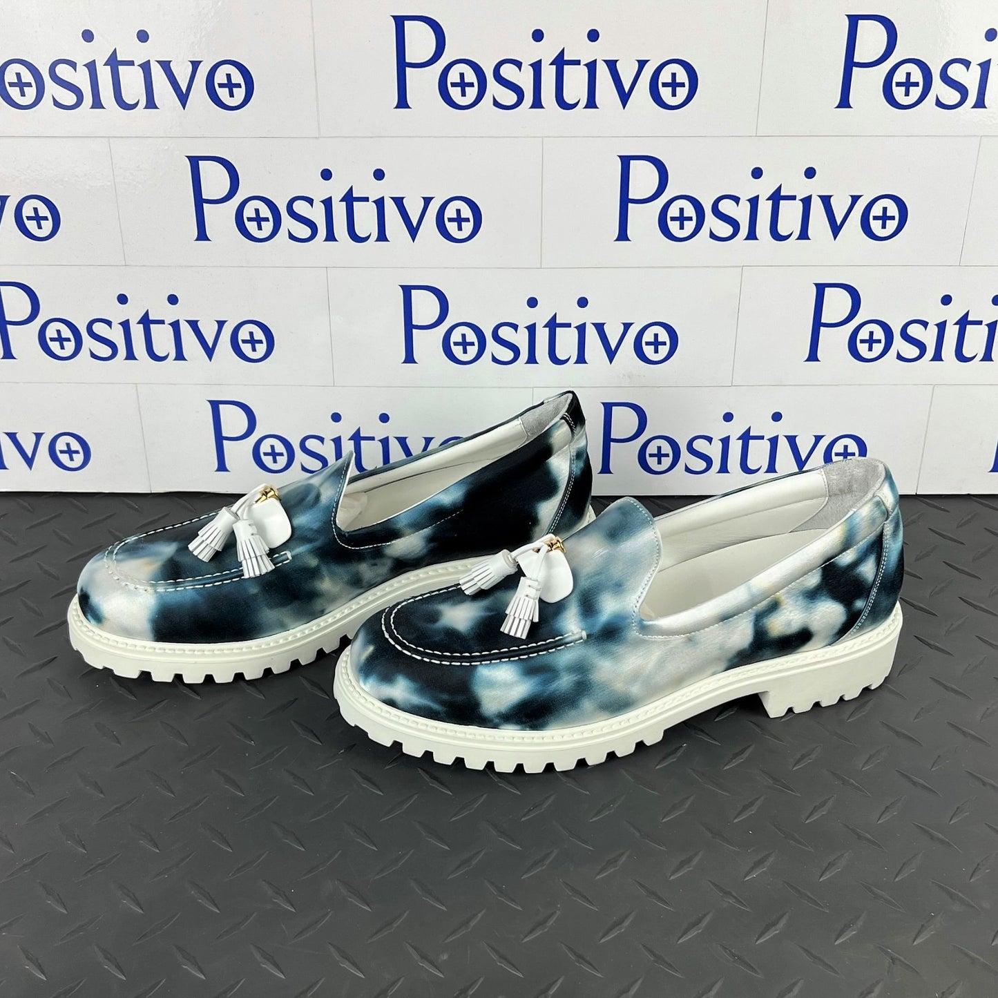 Buscemi Mens Tassel Tie Dye Navy Leather Moccasins | Positivo Clothing