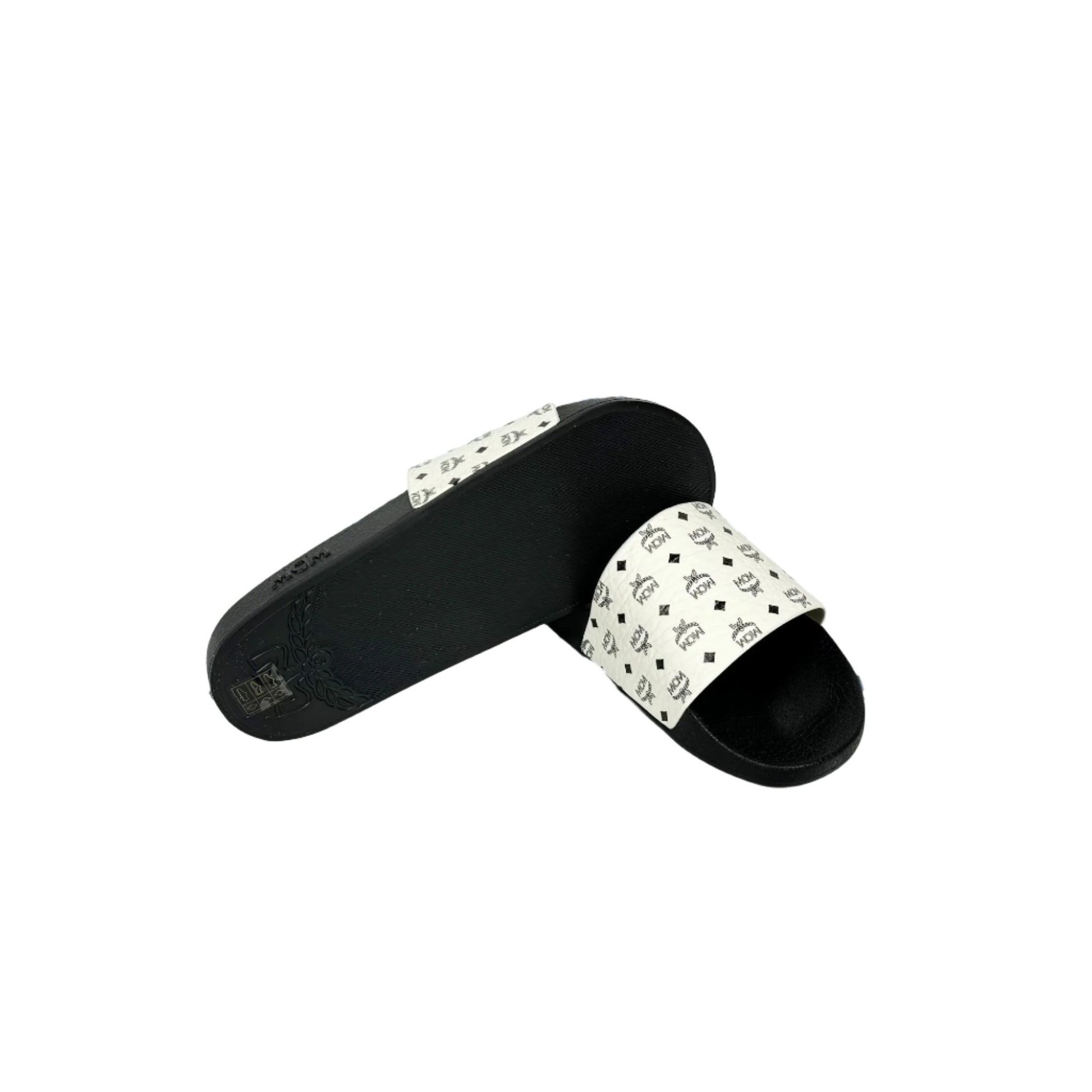 MCM Mens White/Black Monogram Print Rubber Slides | Positivo Clothing