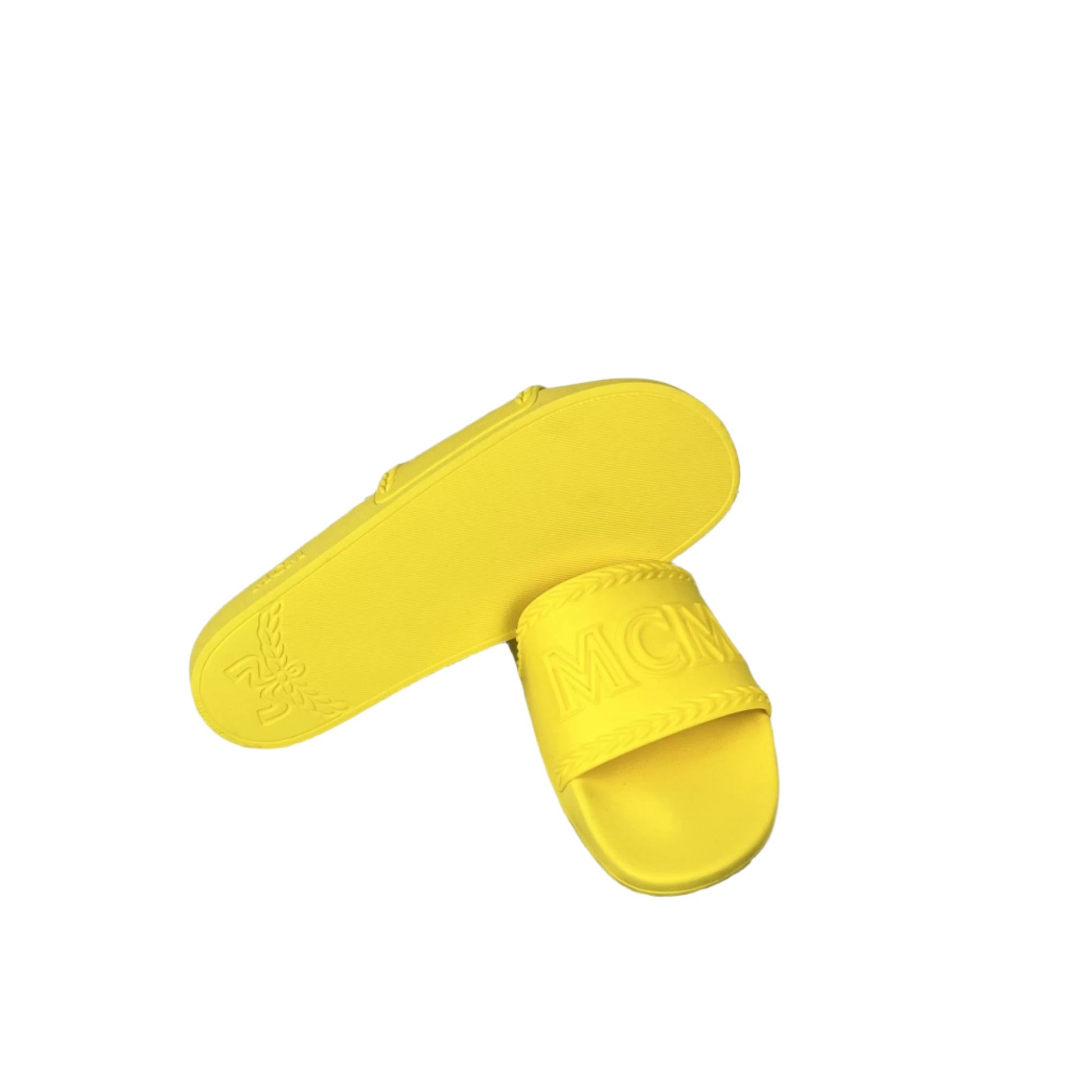 MCM Mens Yellow Big Logo Rubber Slides | Positivo Clothing