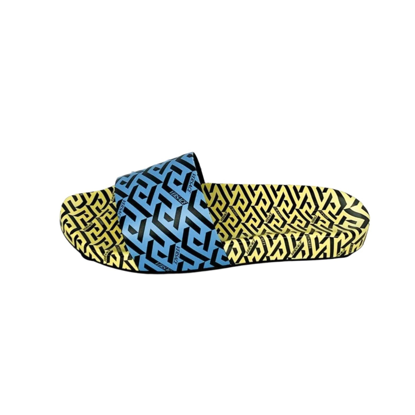 Versace Mens Blue/Yellow La Greca Rubber Slides | Positivo Clothing