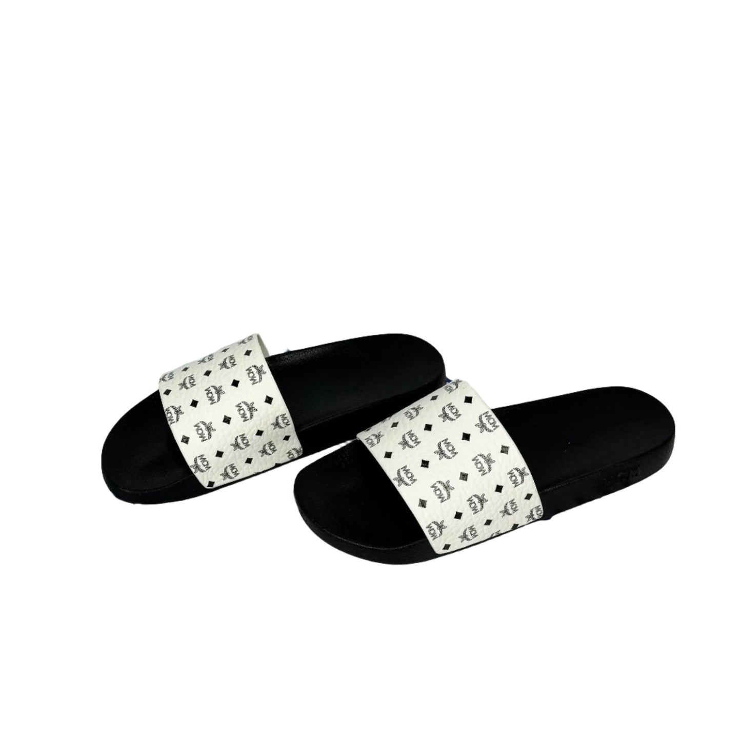 MCM Mens White/Black Monogram Print Rubber Slides | Positivo Clothing