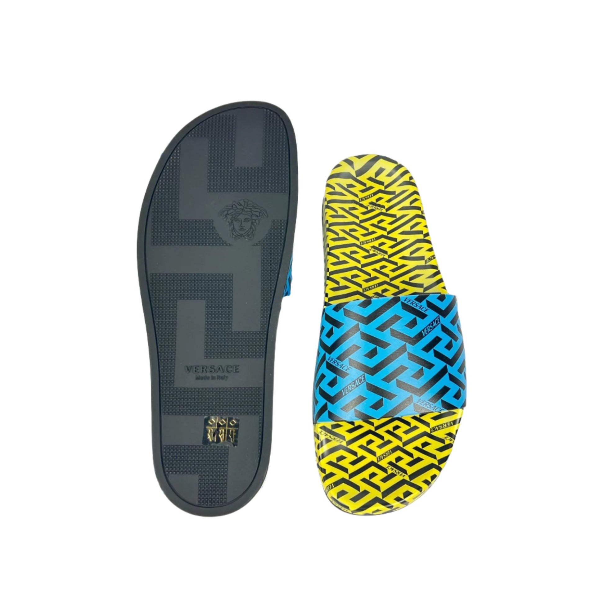 Versace Mens Blue/Yellow La Greca Rubber Slides | Positivo Clothing