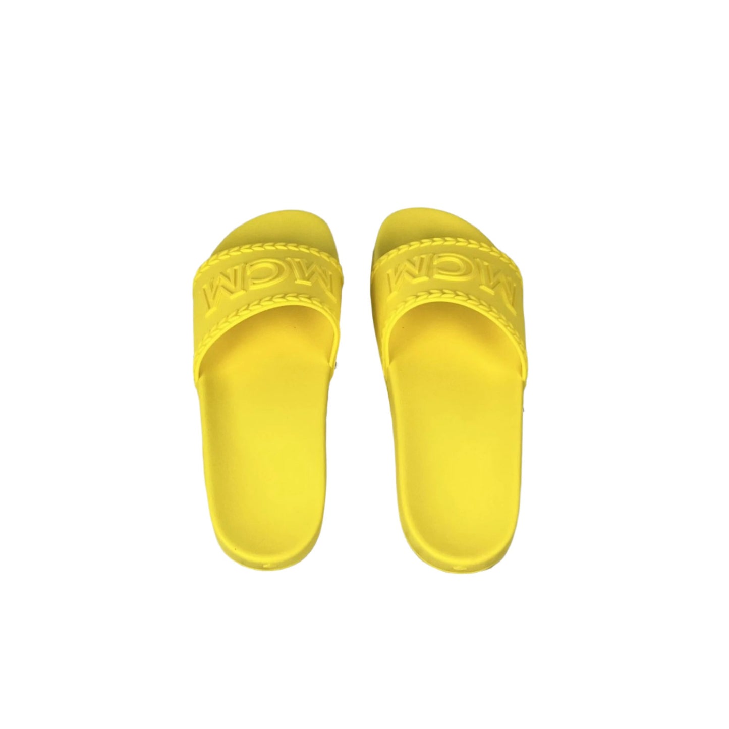 MCM Mens Yellow Big Logo Rubber Slides | Positivo Clothing