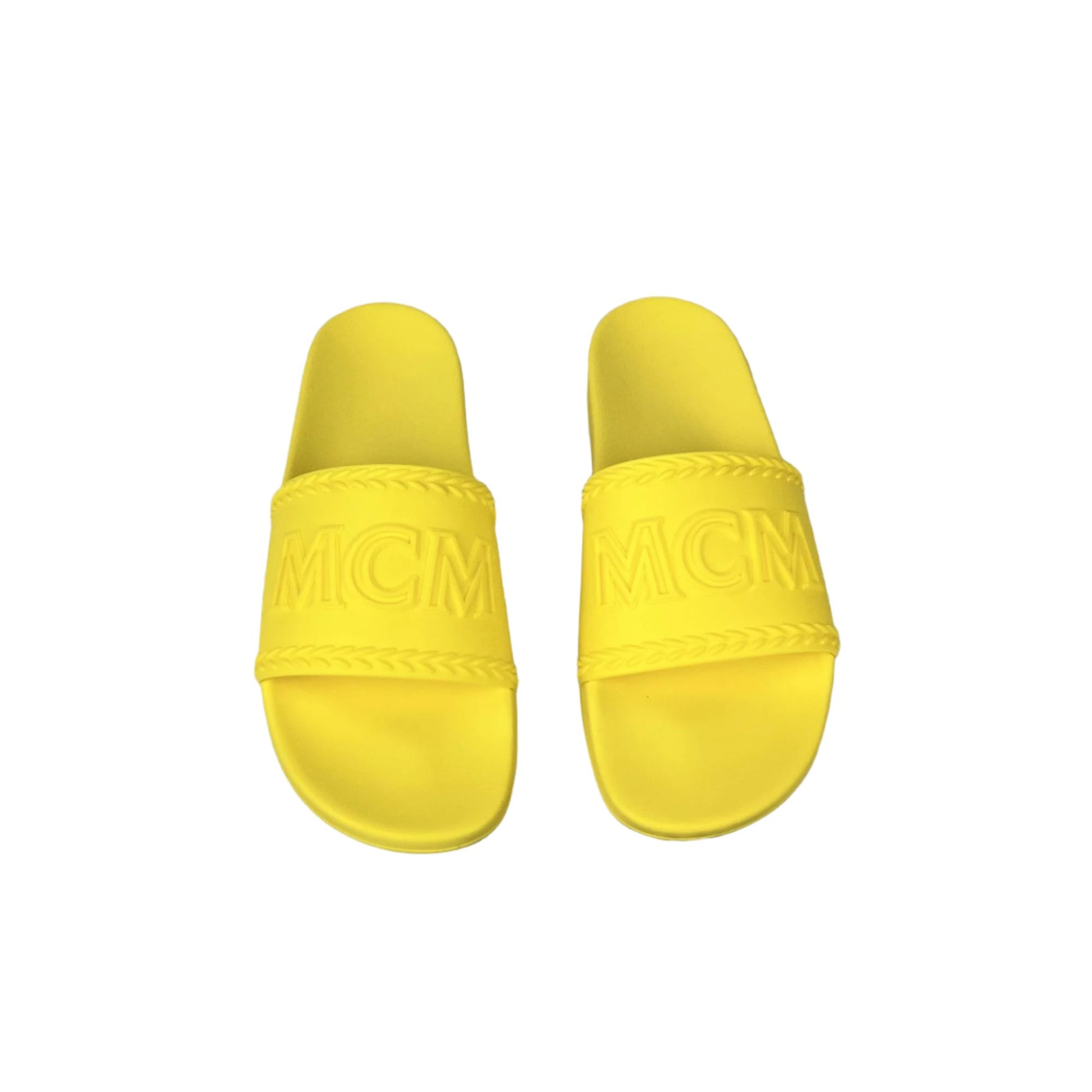 MCM Mens Yellow Big Logo Rubber Slides | Positivo Clothing