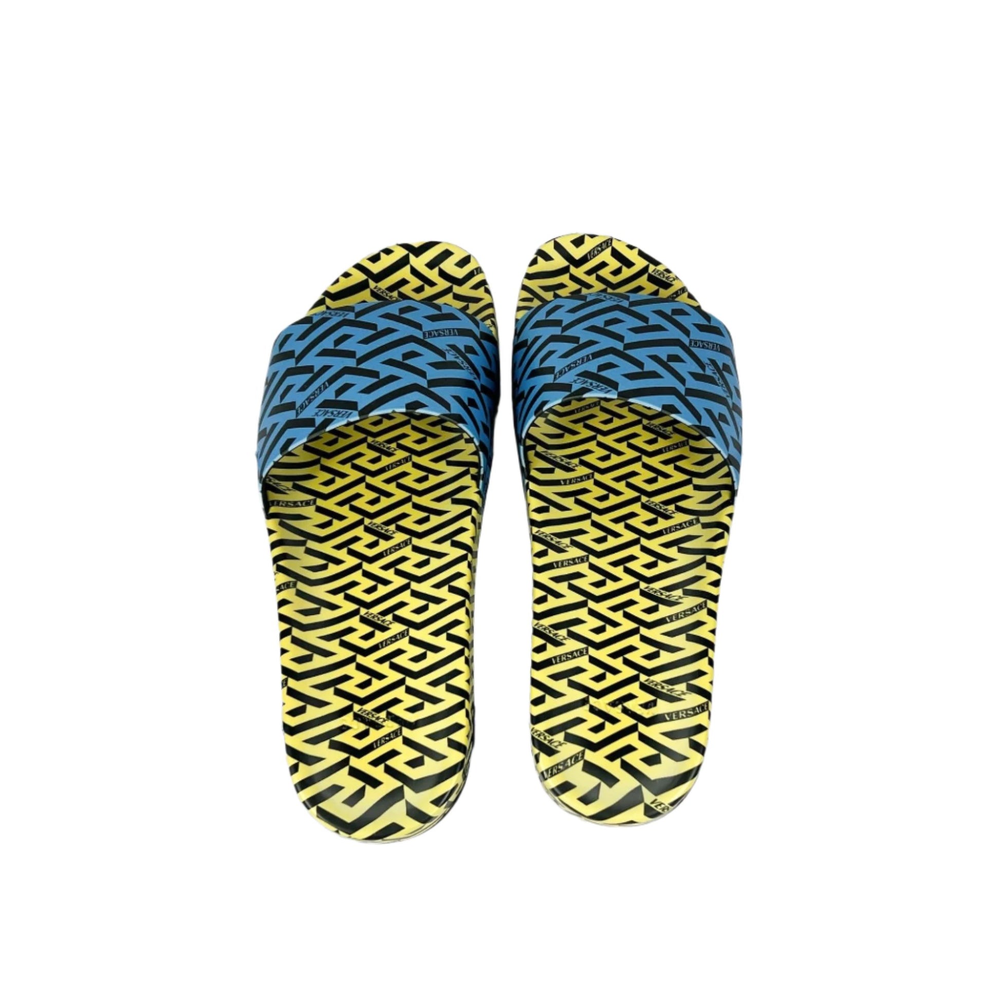 Versace Mens Blue/Yellow La Greca Rubber Slides | Positivo Clothing