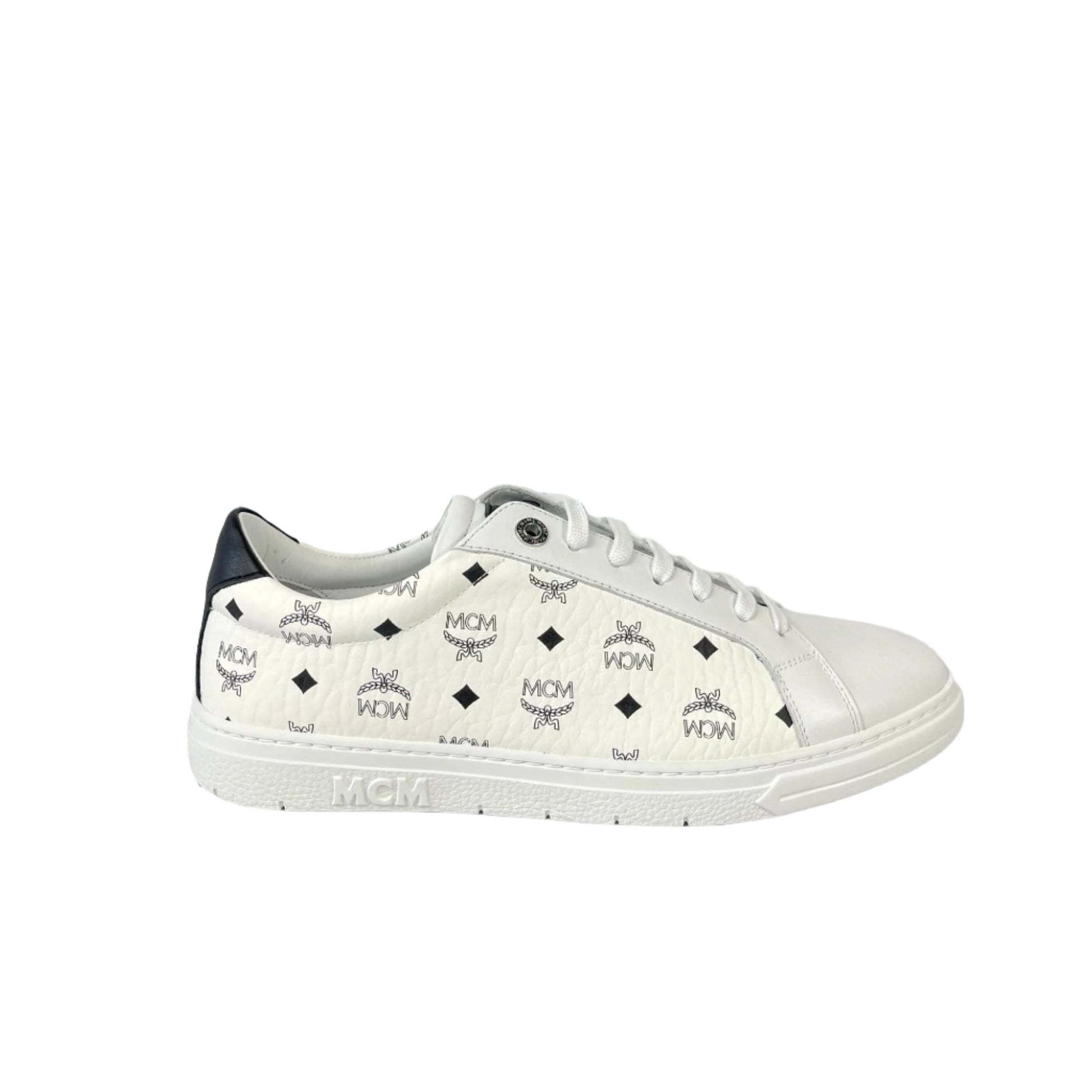 MCM Terrain Derby Visetos White Leather Low Top Sneakers | Positivo Clothing