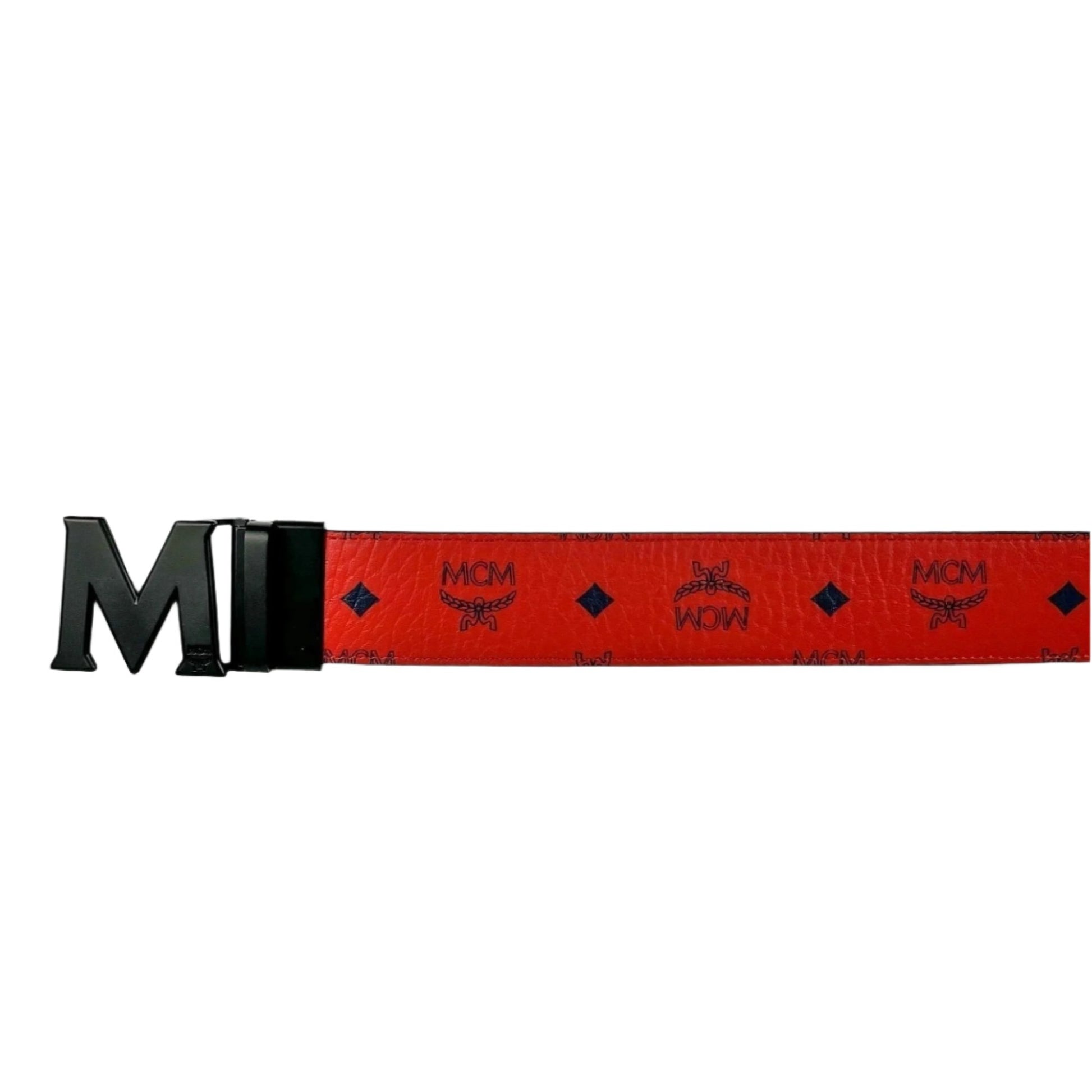 MCM Mens Claus Black M Buckle Candy Red Leather Reversible Belt | Positivo Clothing