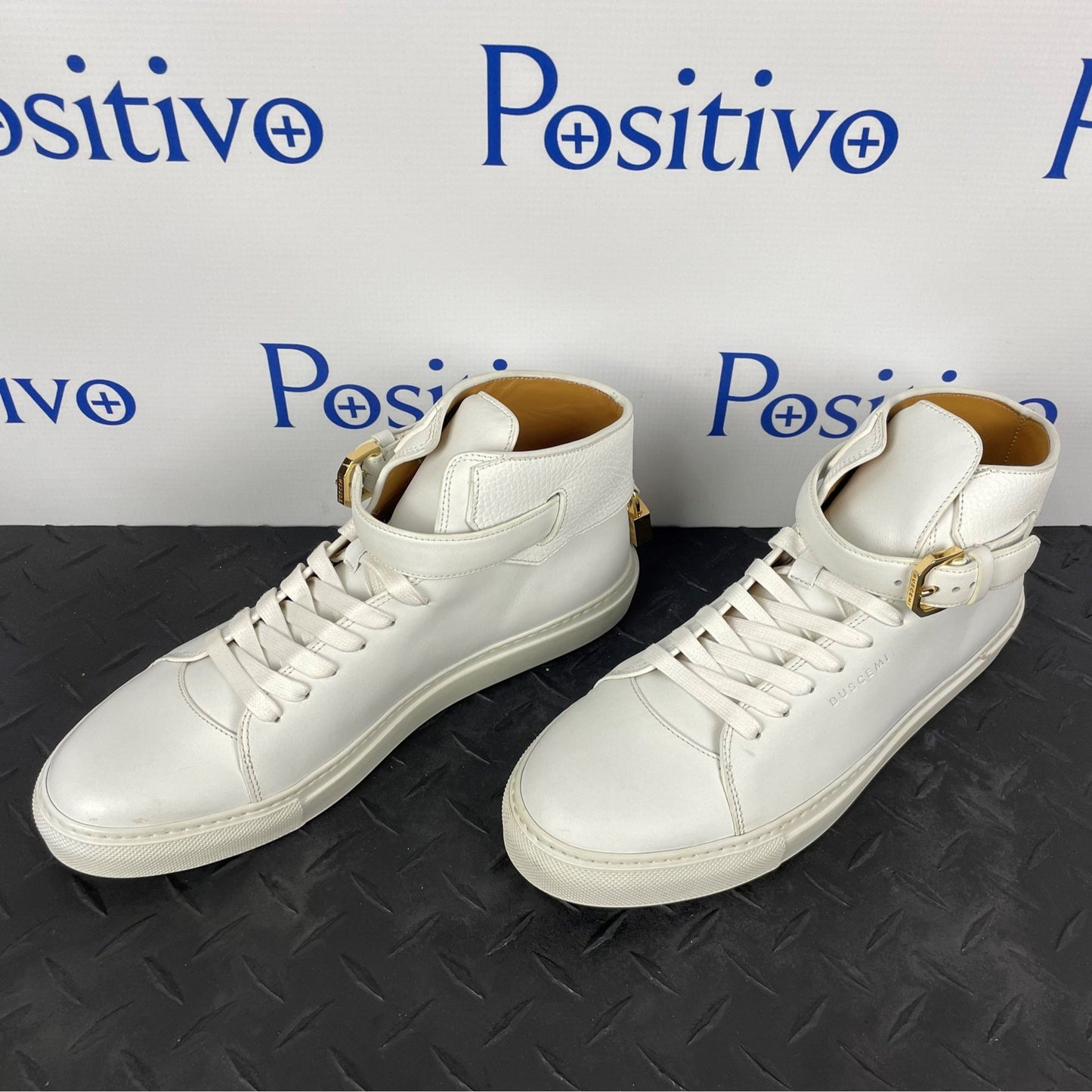 Buscemi Mens 100MM Buckle White Leather Sneakers | Positivo Clothing