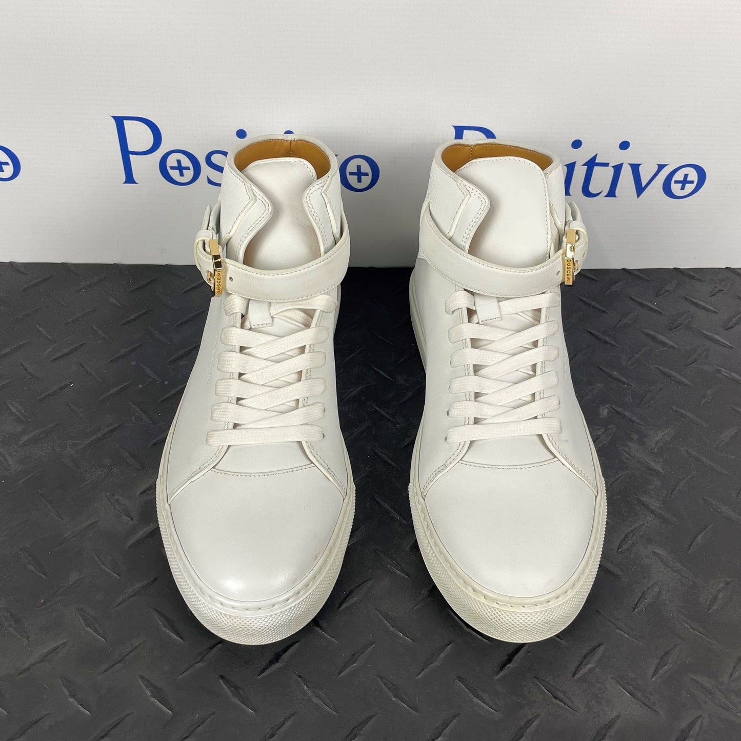 Buscemi Mens 100MM Buckle White Leather Sneakers | Positivo Clothing