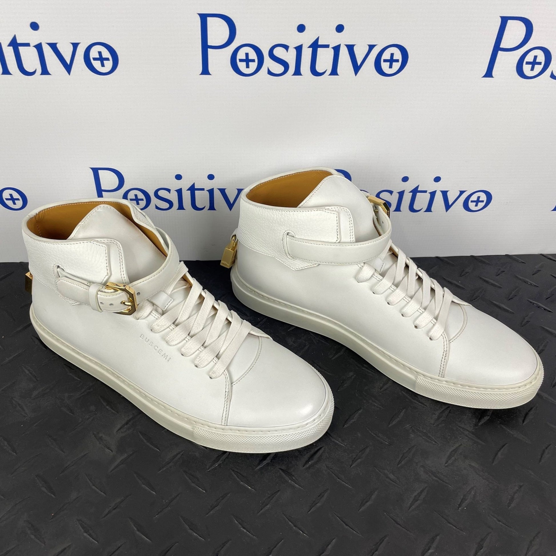 Buscemi Mens 100MM Buckle White Leather Sneakers | Positivo Clothing