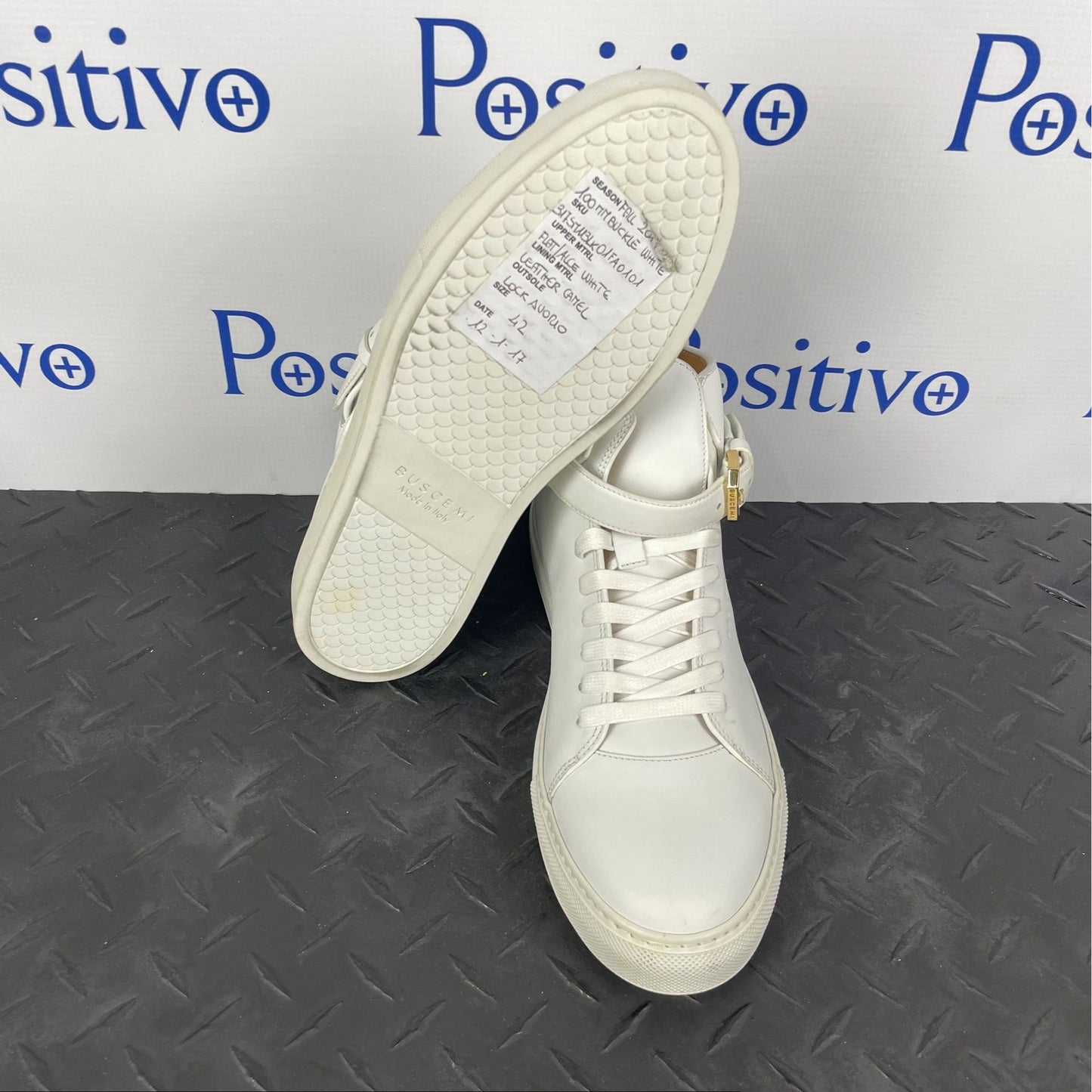 Buscemi Mens 100MM Buckle White Leather Sneakers | Positivo Clothing