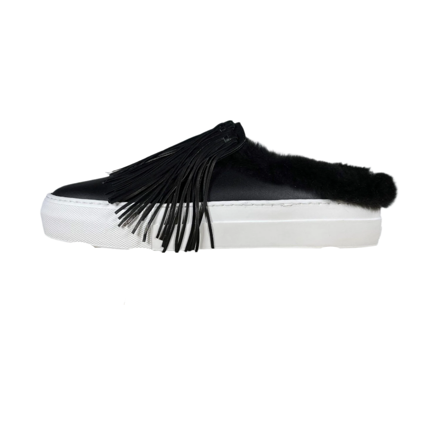 Buscemi Sabot Fringe Flat Black Leather Sneakers