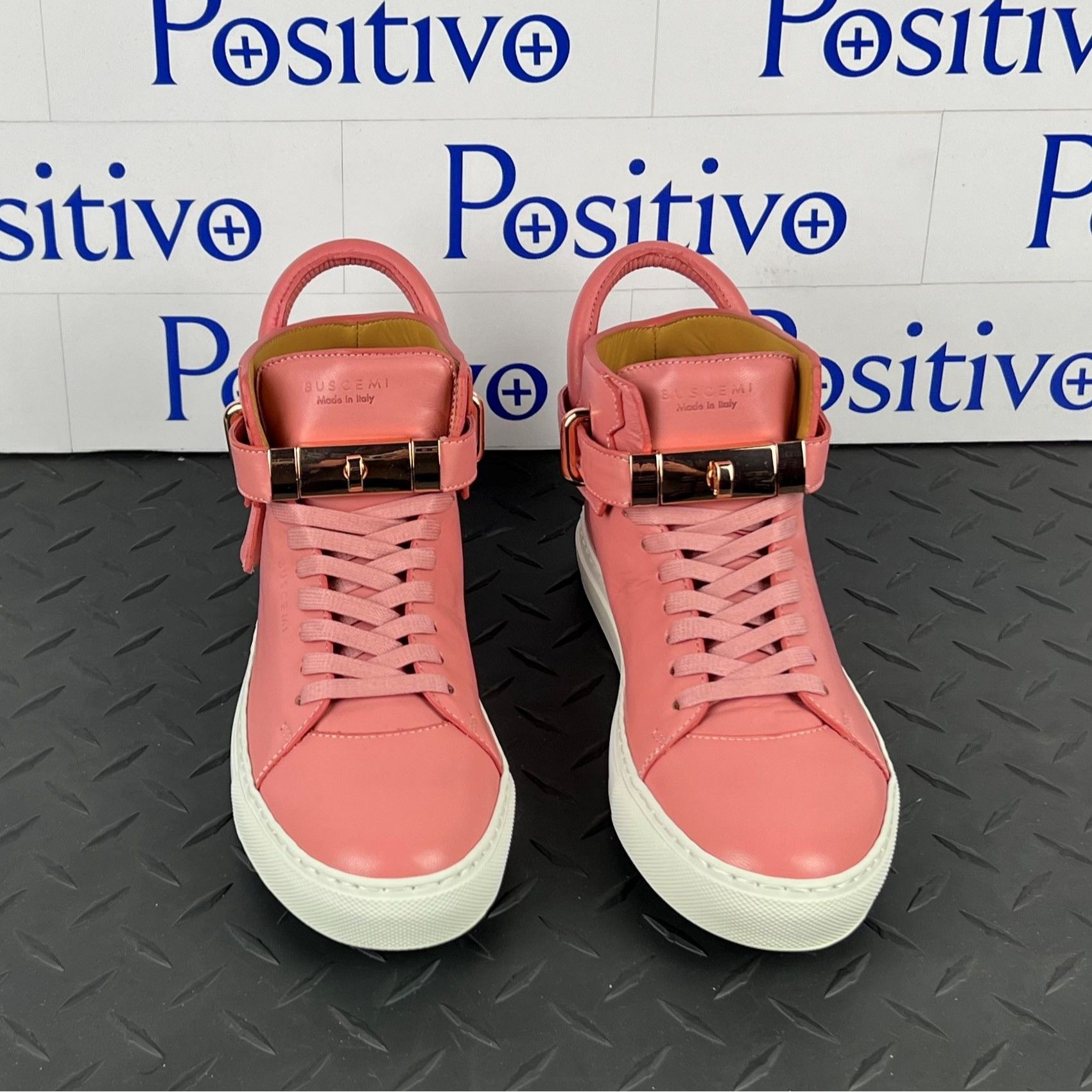 Buscemi Womens 100MM White/Pink Leather Sneakers | Positivo Clothing