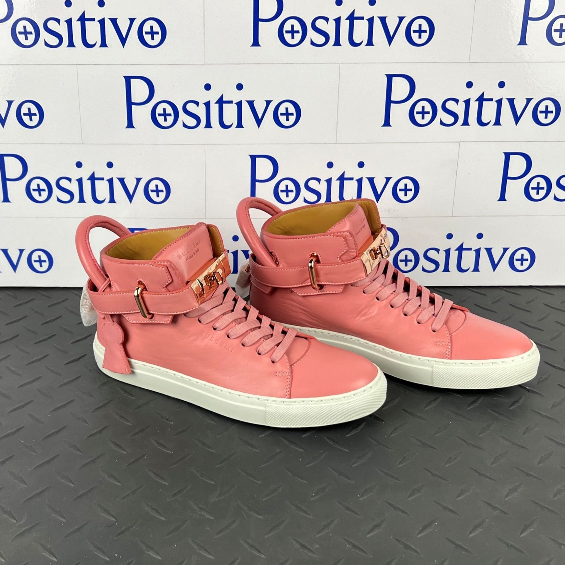 Buscemi Womens 100MM White/Pink Leather Sneakers | Positivo Clothing