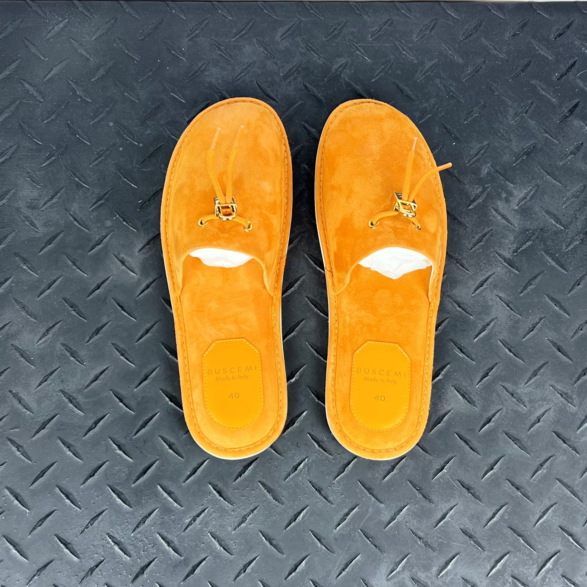 Buscemi Mens Greenwich Orange Suede Slippers | Positivo Clothing