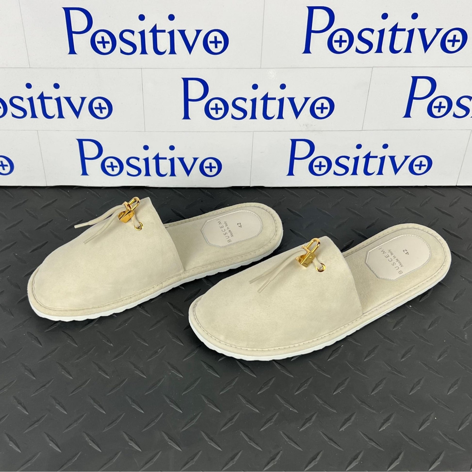 Buscemi Mens Greenwich Off White Suede Slippers | Positivo Clothing