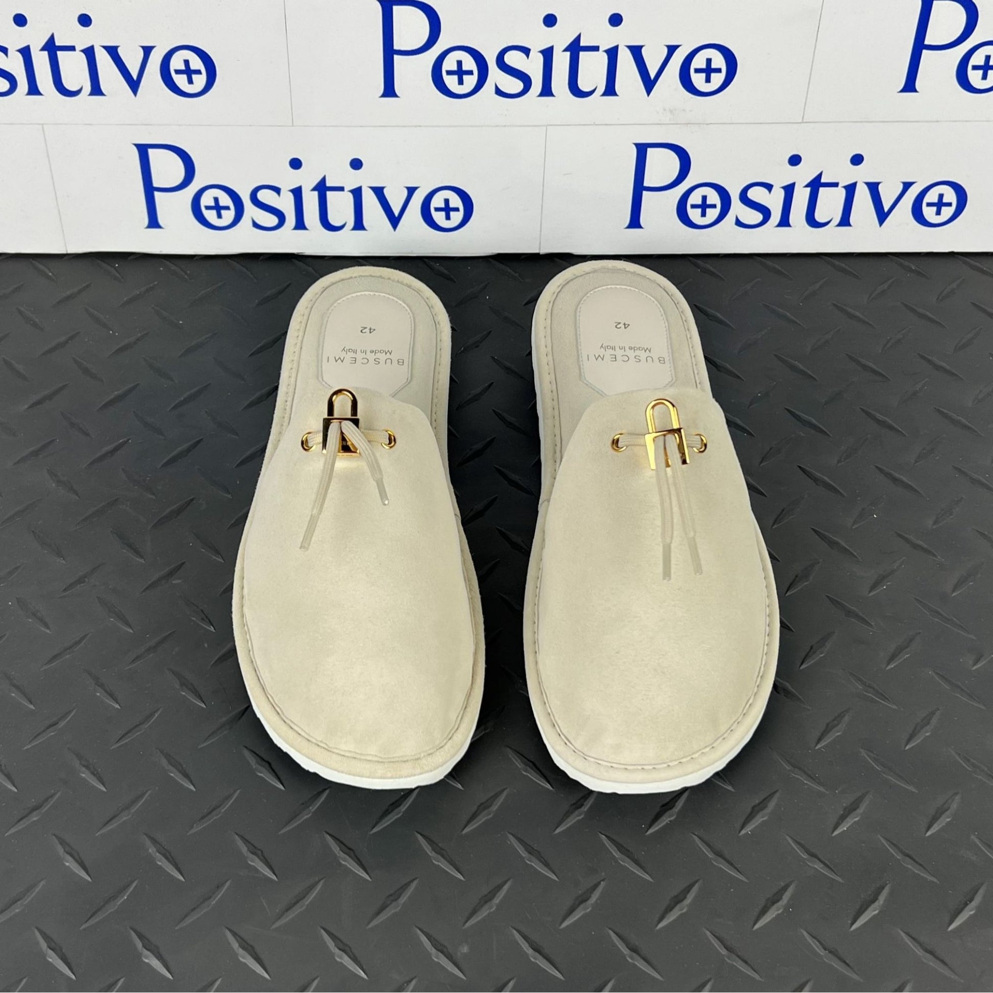 Buscemi Mens Greenwich Off White Suede Slippers | Positivo Clothing