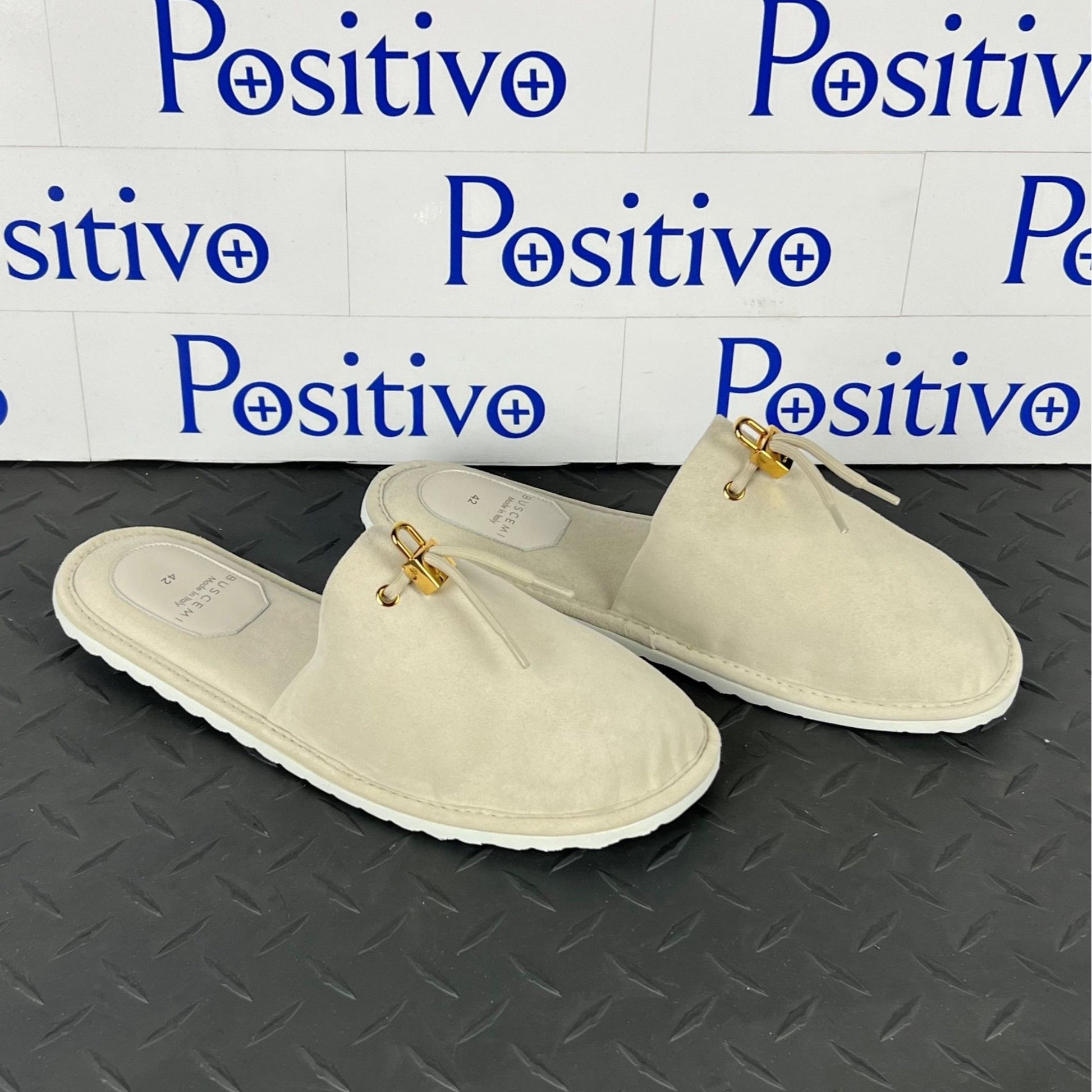 Buscemi Mens Greenwich Off White Suede Slippers | Positivo Clothing