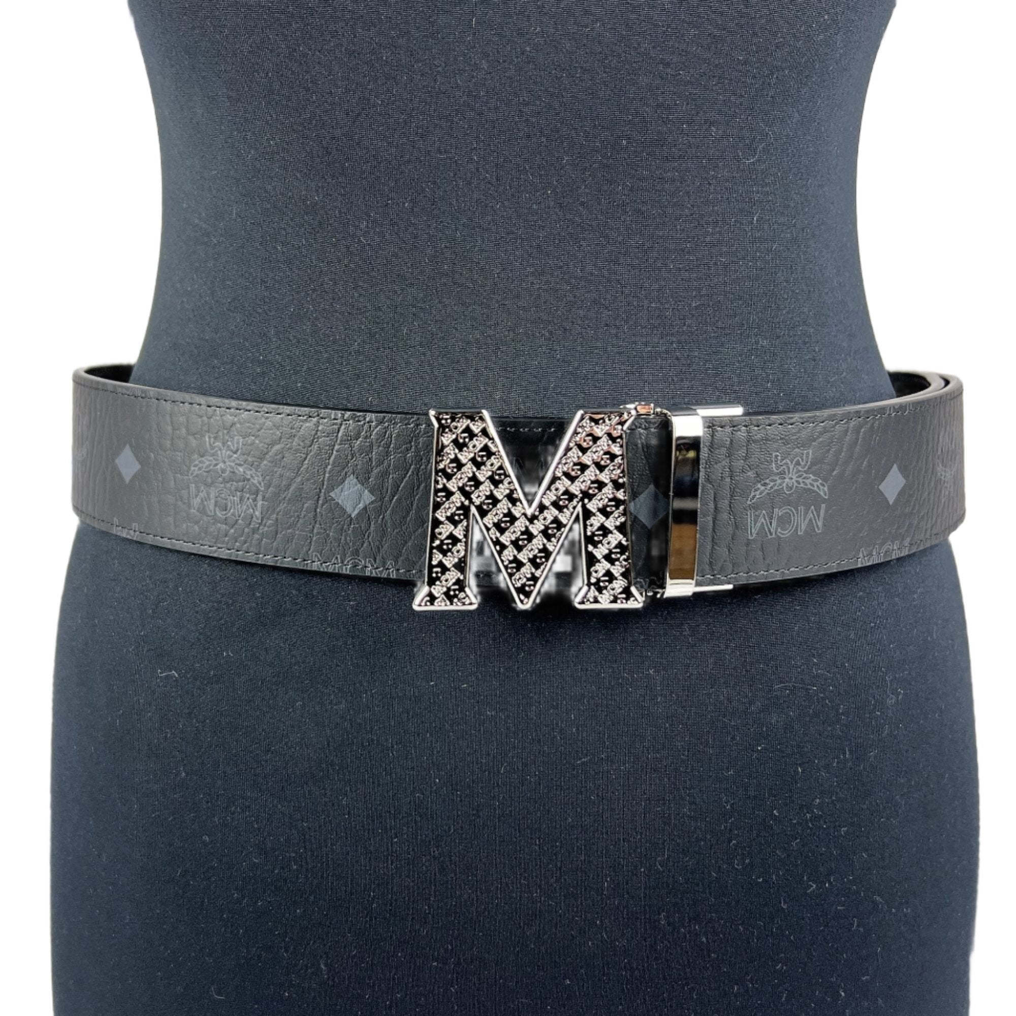 MCM Mens Claus Silver Textured M Buckle Black Leather Reversible Belt |  Positivo Clothing