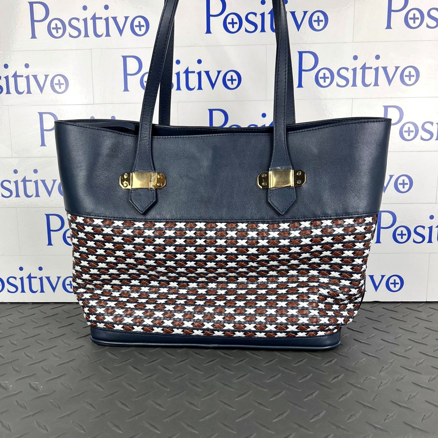 Buscemi Womens Tote Intrecciato Navy Leather Tote Bag New w/ Defect