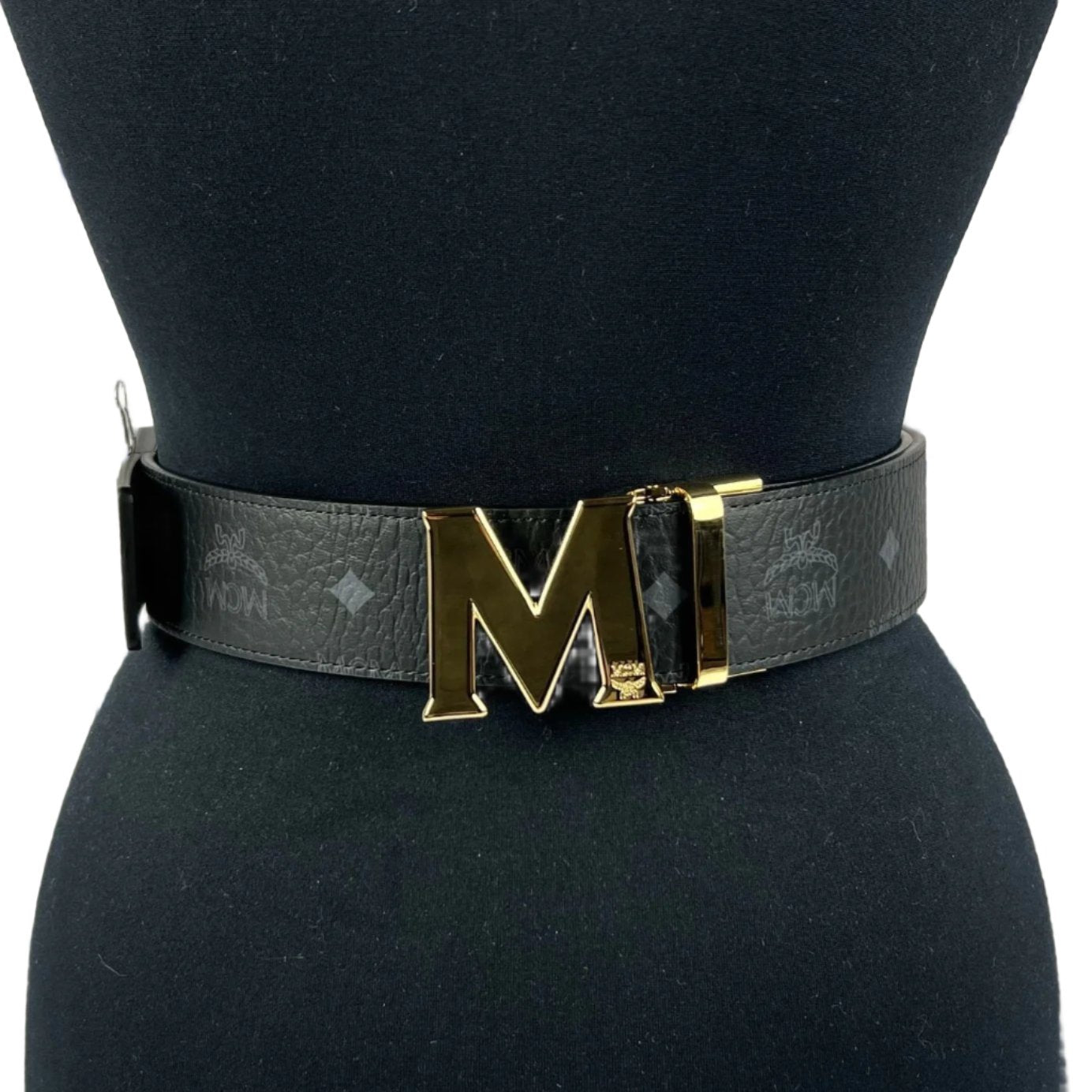 MCM Mens Claus Gold M Buckle Black Leather Reversible Belt