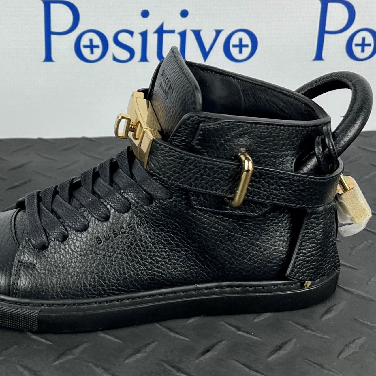 Buscemi Womens 100MM Flat Black Leather Sneakers SAMPLE | Positivo Clothing