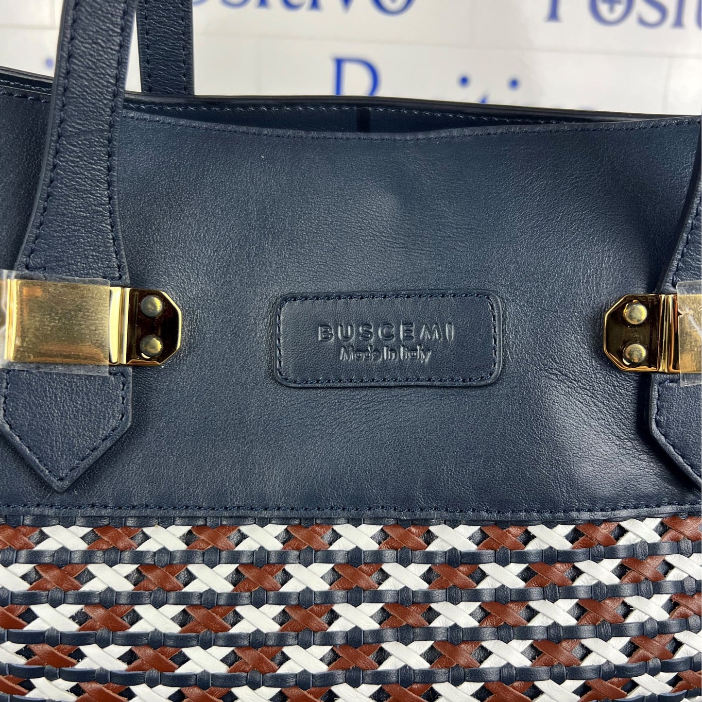 Buscemi Womens Tote Intrecciato Navy Leather Tote Bag New w/ Defect