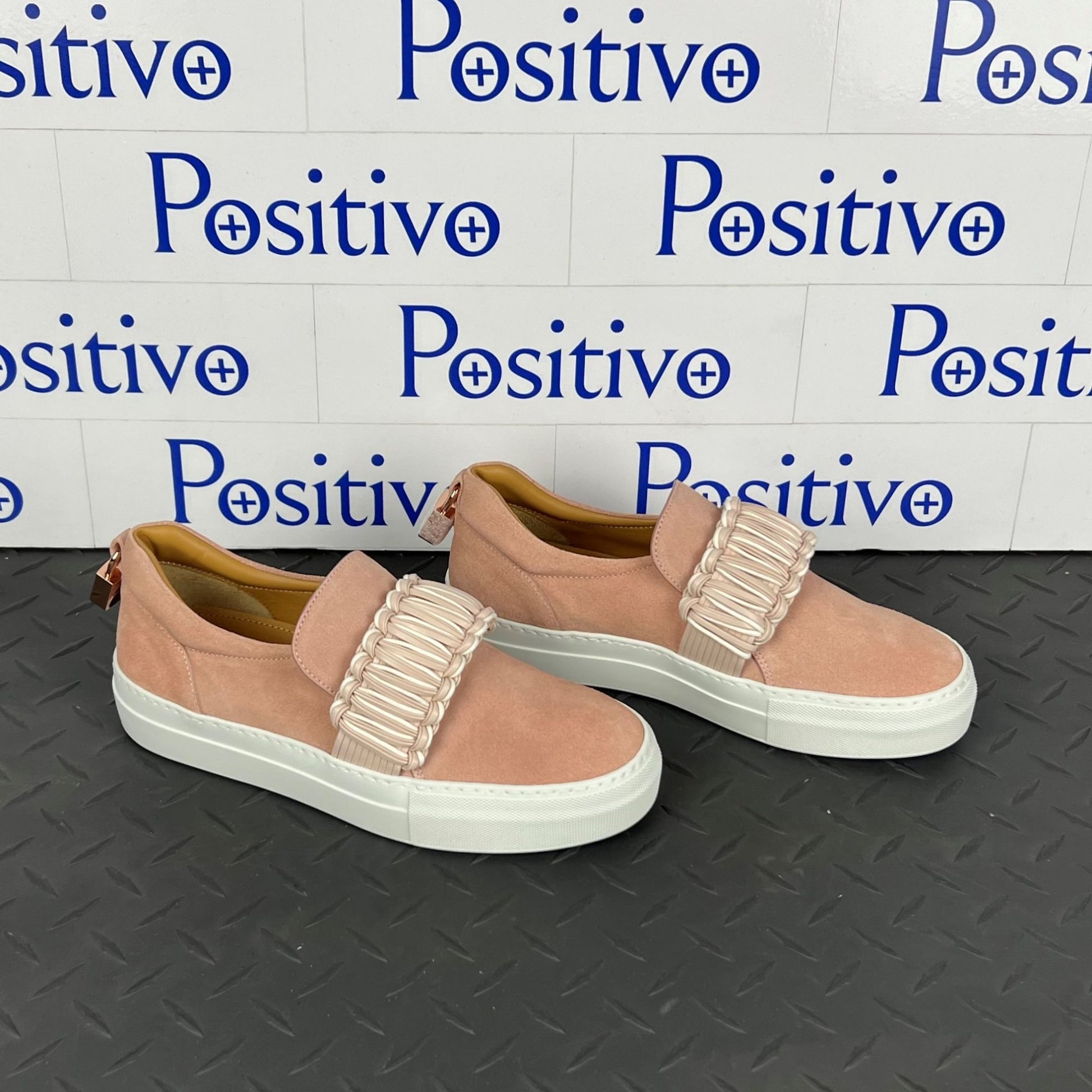 Buscemi Womens 40MM Braid Pale Pink Suede Sneakers SAMPLE | Positivo Clothing