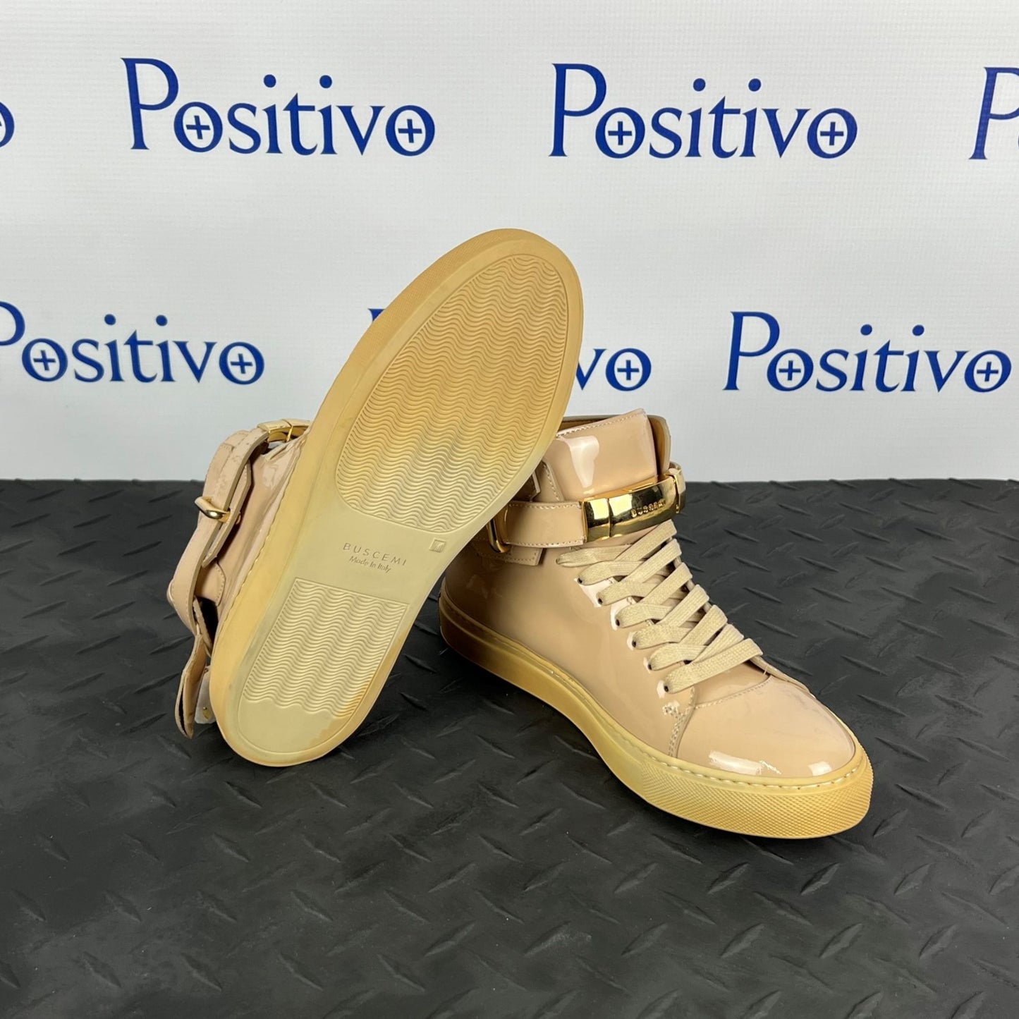 Buscemi Womens 100MM New Button Nude Patent Leather Sneakers | Positivo Clothing