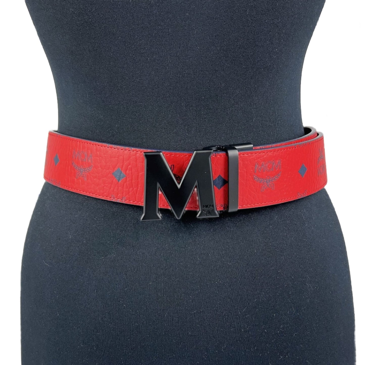 MCM Mens Claus Black M Buckle Candy Red Leather Reversible Belt